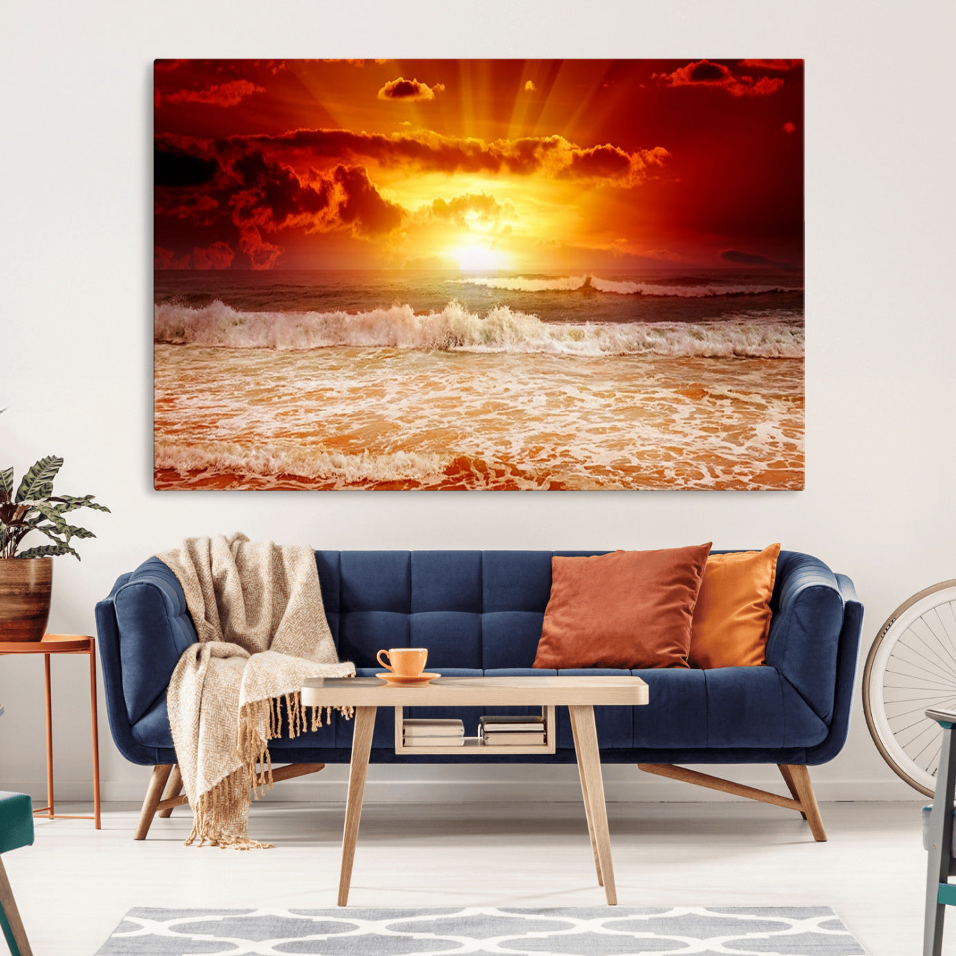 -Red Sunset Ocean Beach Canvas Wall Art Beach Canvas, Coastal Sunset Print
