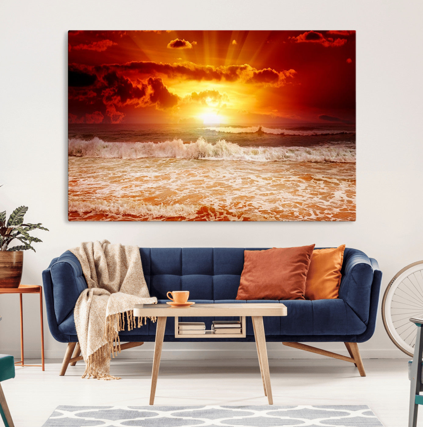 60211-MGV-CV-36X24-Red Sunset Ocean Beach Canvas Wall Art Beach Canvas, Coastal Sunset Print