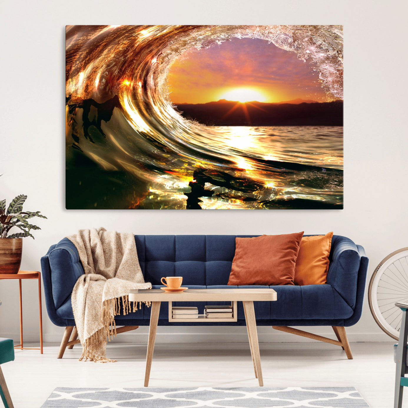 -Golden Wave Sunset Triptych Canvas Art, Giclee Canvas Print of Ocean Wave and Sunset, Framed Ocean