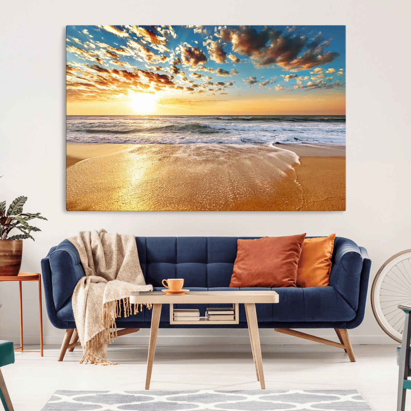 -Golden Sunset Beach Print Canvas Wall Art, Giclee Canvas Print with Canon Print Quality, Triptych