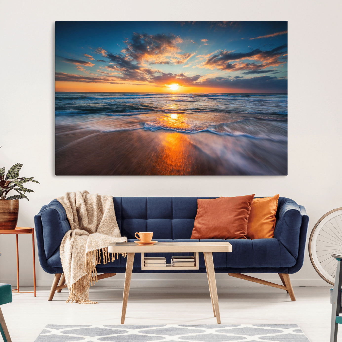 -Sunset on the Ocean Beach with Waves, Reflections on Sand, Coastal Wall Art Print, Beach Wall Art,