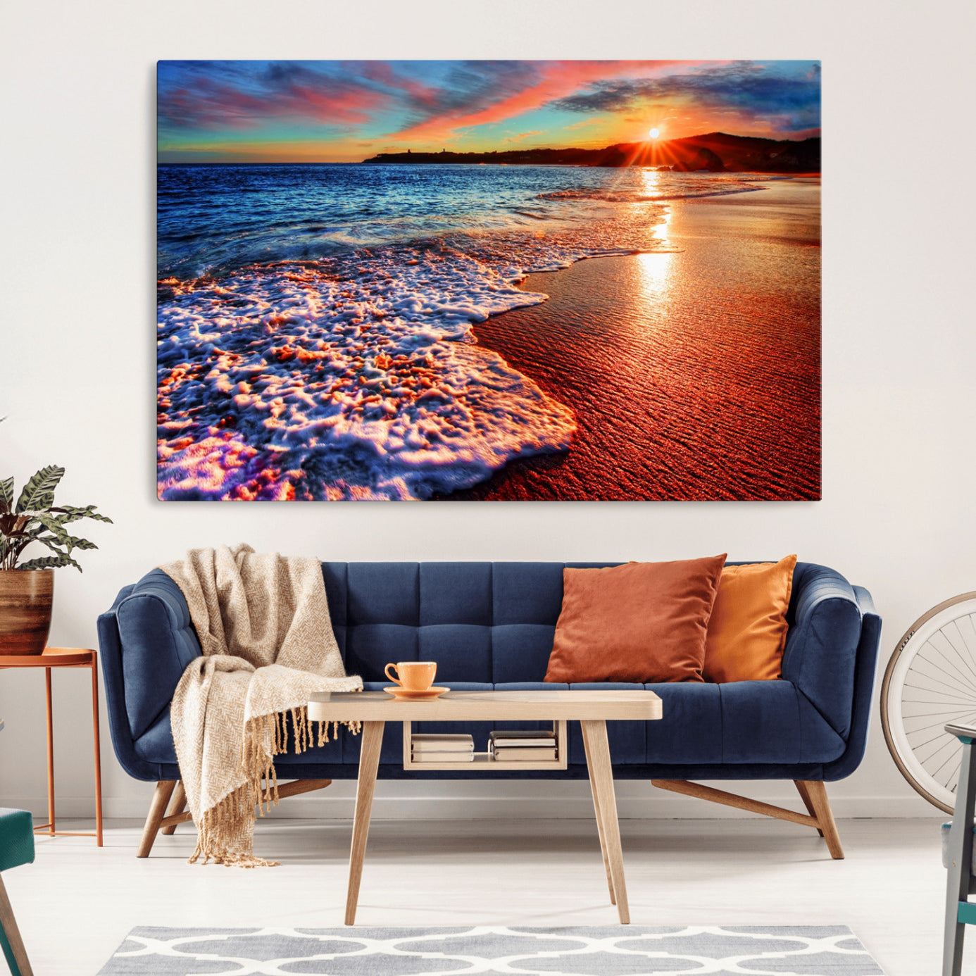 -Colorful Coastal Sunset on the Beach Canvas Print, Ocean Waves Crashing at Dusk, Multi-Panel
