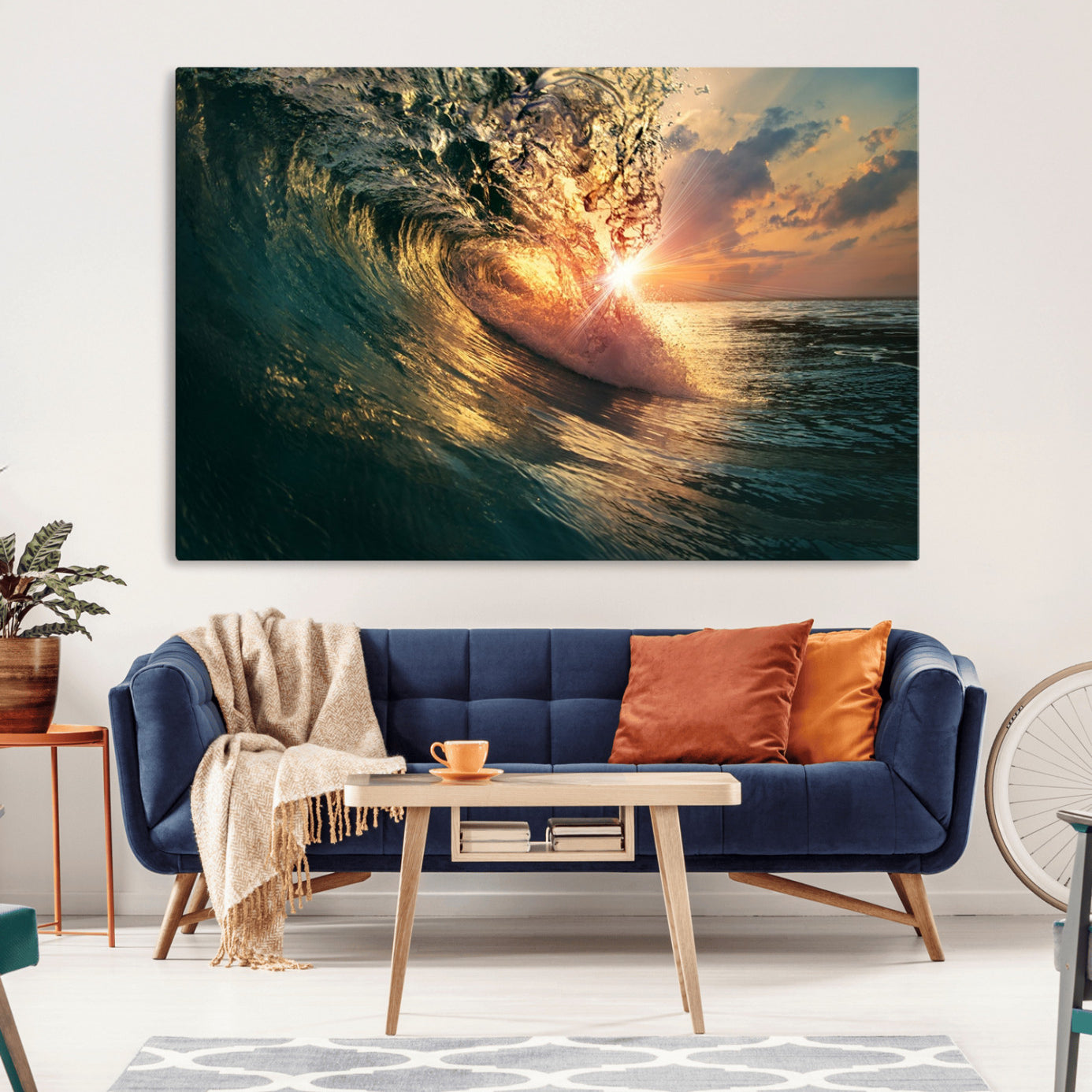 -Ocean Wave Sunset Canvas Wall Art – Triptych Seascape Print – Framed and Ready to Hang for Living