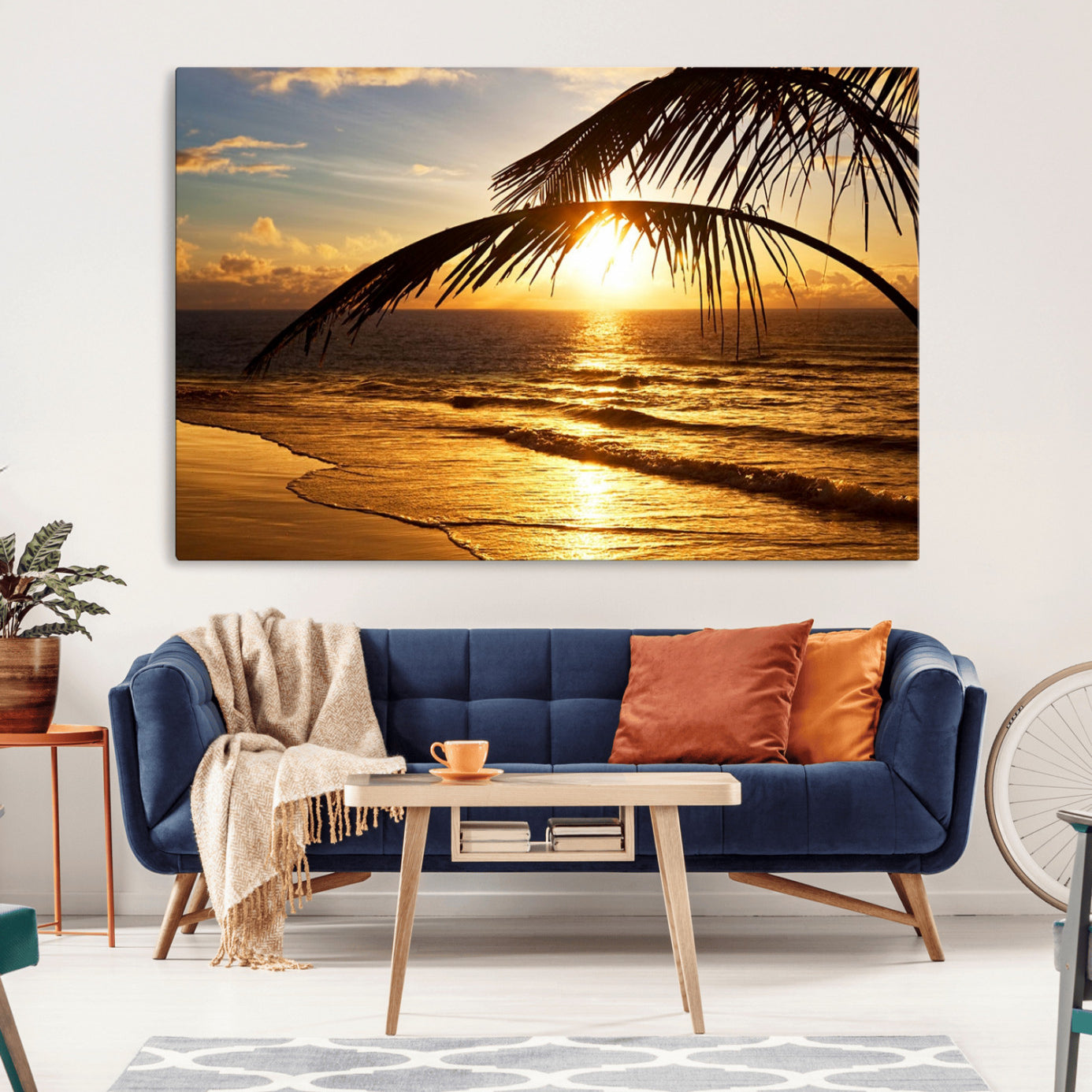 -Golden Tropical Beach Sunset Canvas Triptych, Coastal Palm Tree Wall Art, Ocean Shoreline Giclee