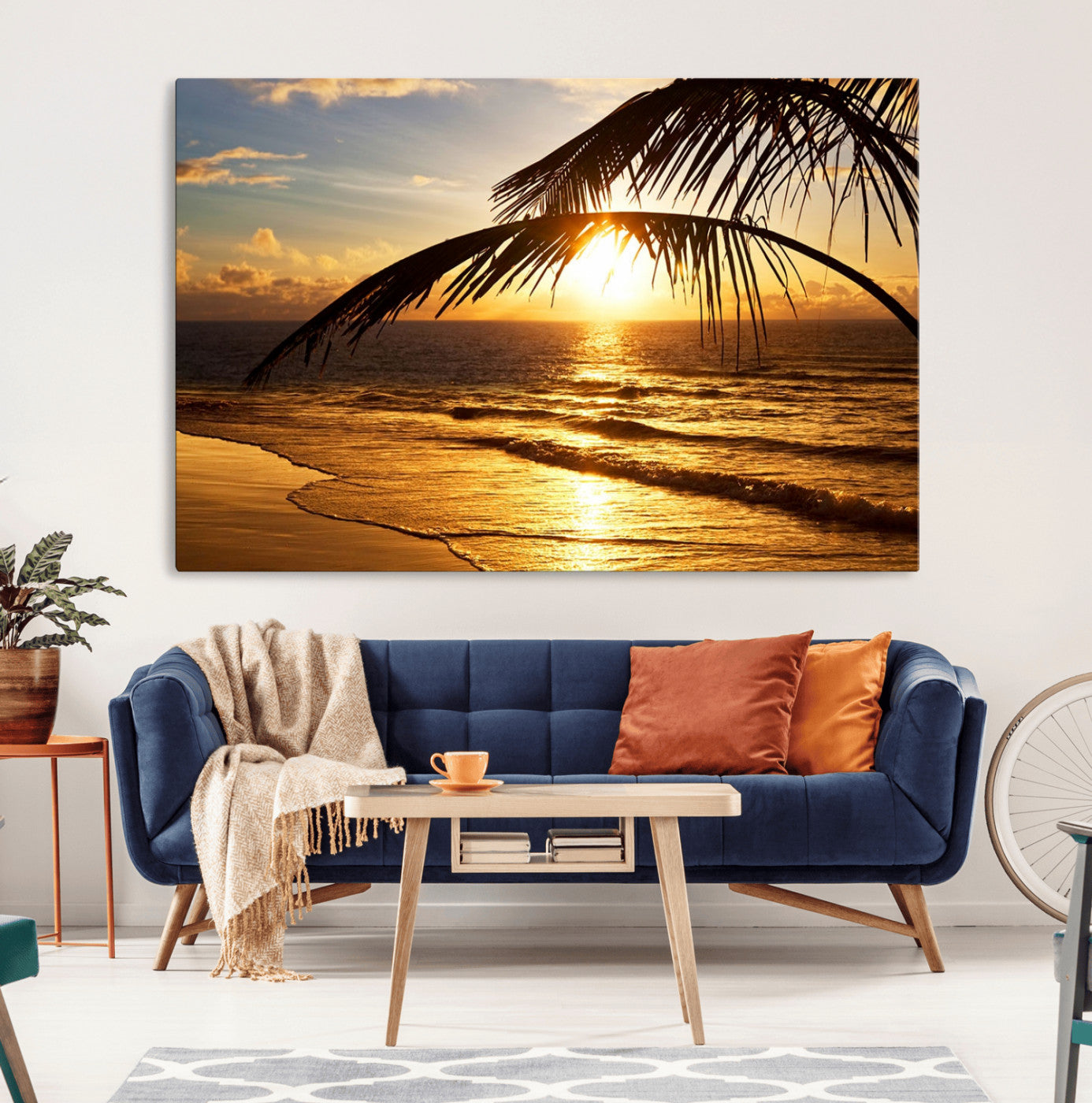 -Golden Tropical Beach Sunset Canvas Triptych, Coastal Palm Tree Wall Art, Ocean Shoreline Giclee