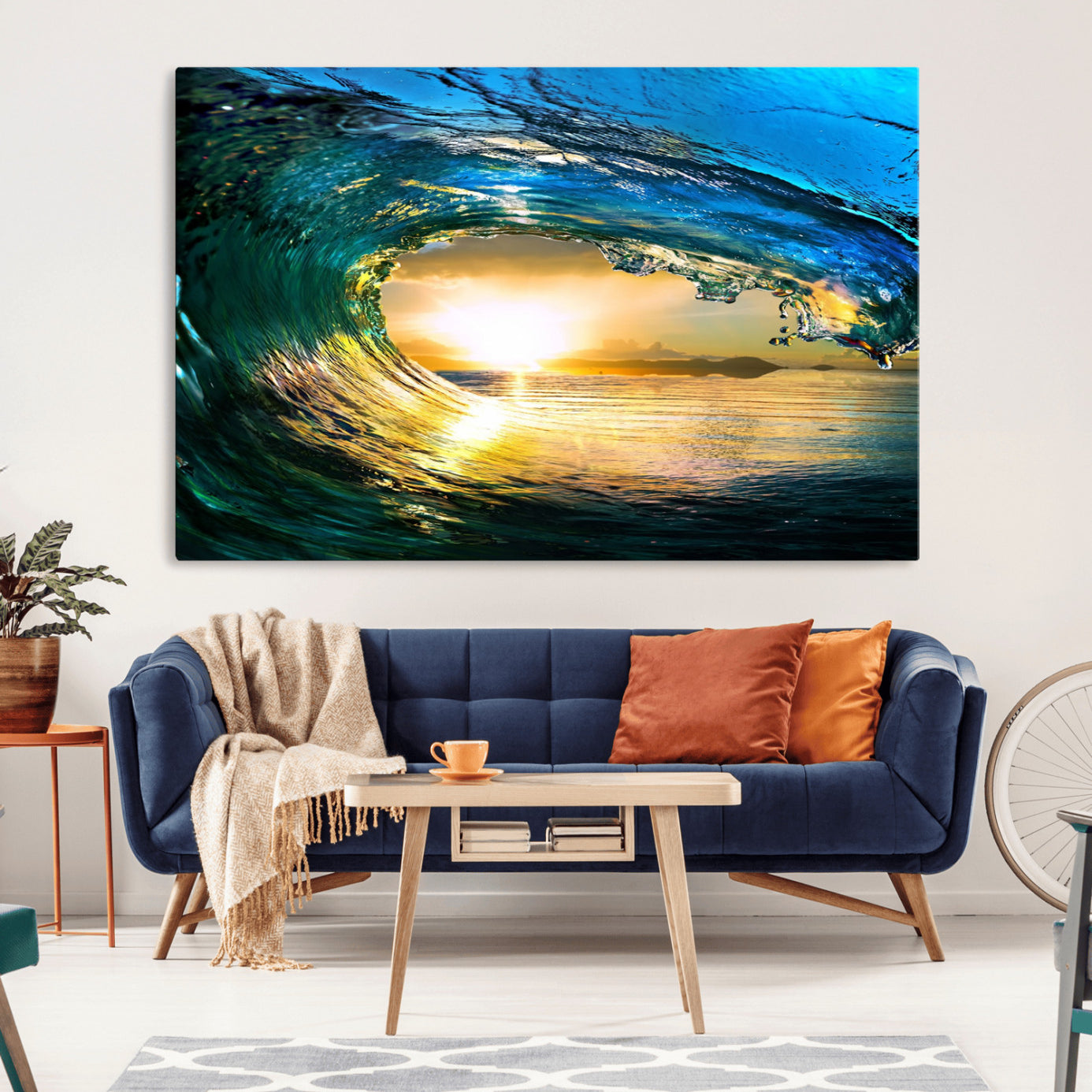 -Ocean Wave at Sunset Canvas Art, Large Wall Print of Vibrant Water Waves, Coastal Art for Living