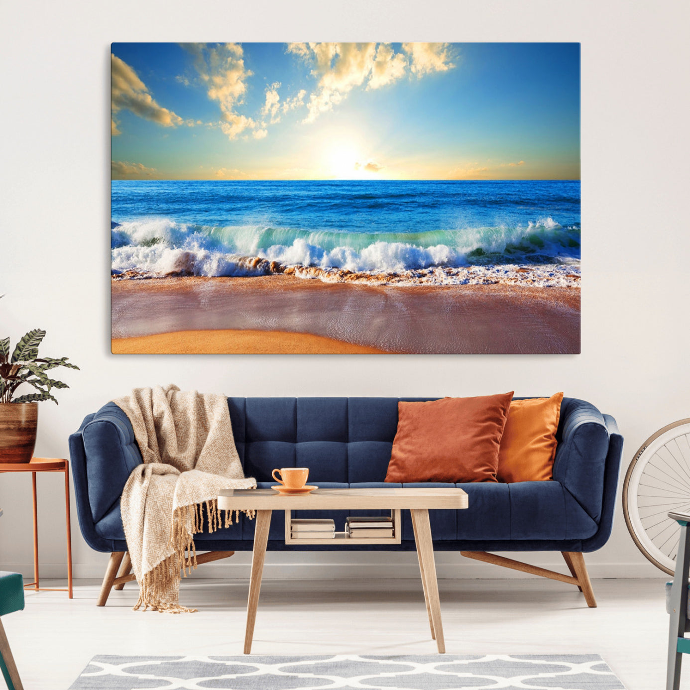 -Tropical Beach Sunset Canvas Art, Ocean Waves and Sandy Shoreline Wall Art, Large Beach Decor for