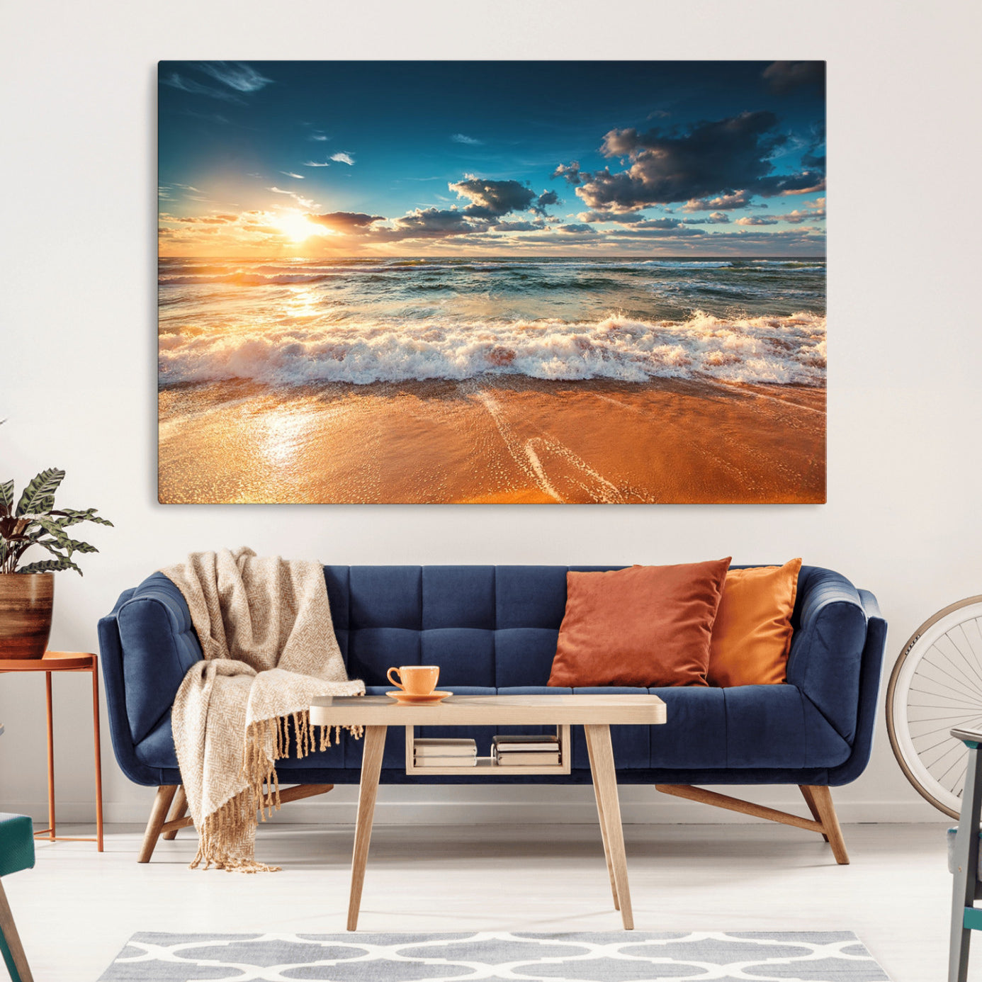 -Golden Sunset Beach Triptych Canvas Art, Giclee Coastal Wall Decor, Ocean Waves Print, Modern Beach