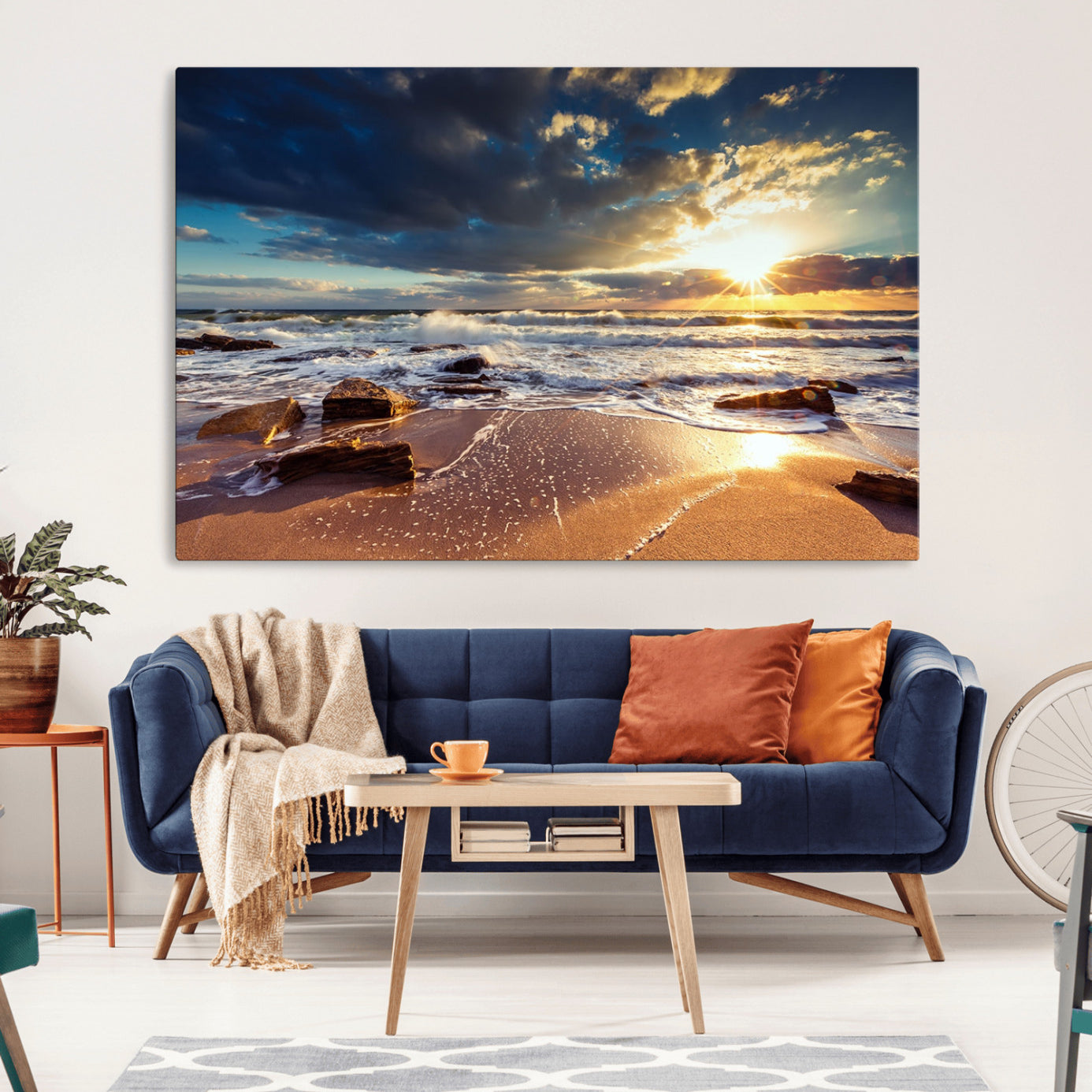 -Golden Hour Beach Sunset Canvas Triptych, Ocean Waves and Rocks Wall Art for Coastal Home Decor