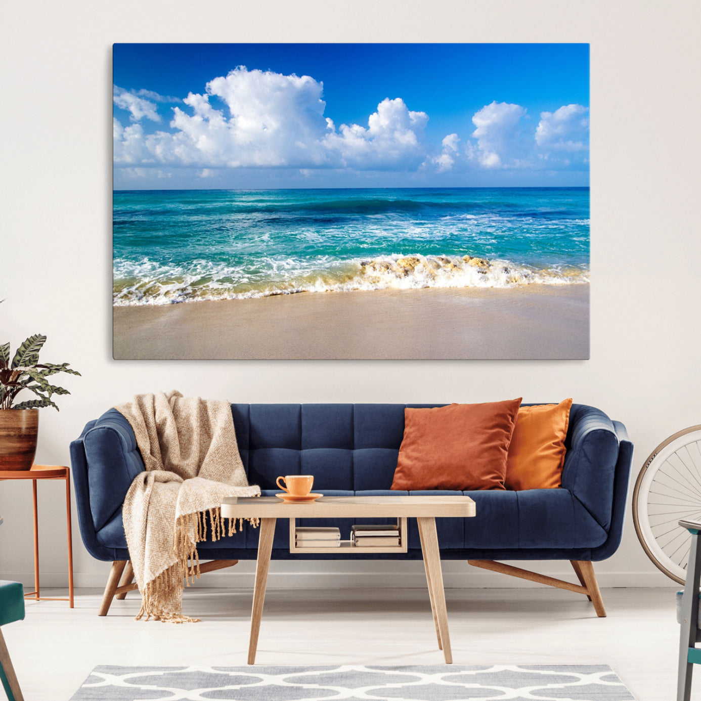 -Tropical Beach 3-Panel Canvas Wall Art – Serene Ocean Waves and Blue Sky Wall Art Print
