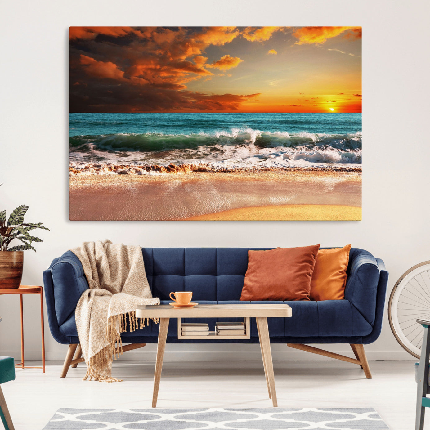 -Golden Sunset Beach Canvas Wall Art – Triptych Seascape Print – Framed and Ready to Hang for Living