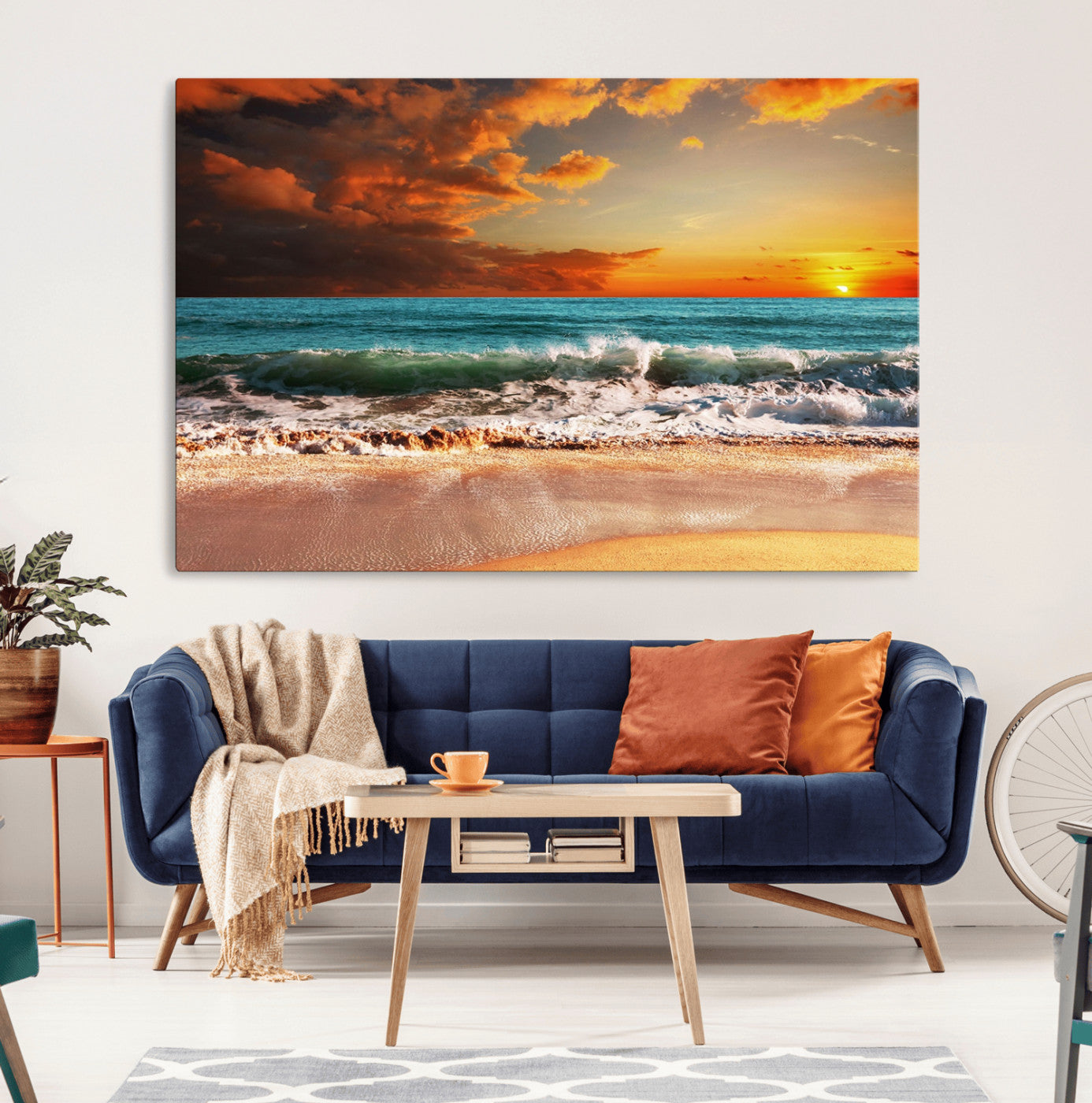 -Golden Sunset Beach Canvas Wall Art – Triptych Seascape Print – Framed and Ready to Hang for Living