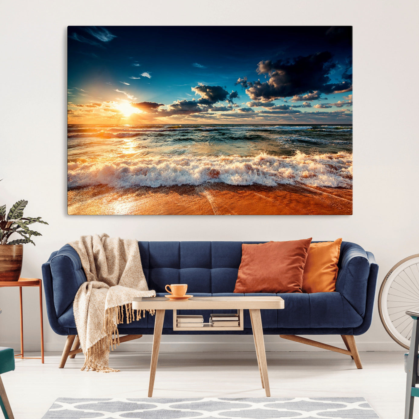 -Golden Hour Sunset Over Ocean Waves Wall Art Canvas Print | 3 Panel Coastal Landscape Canvas Wall