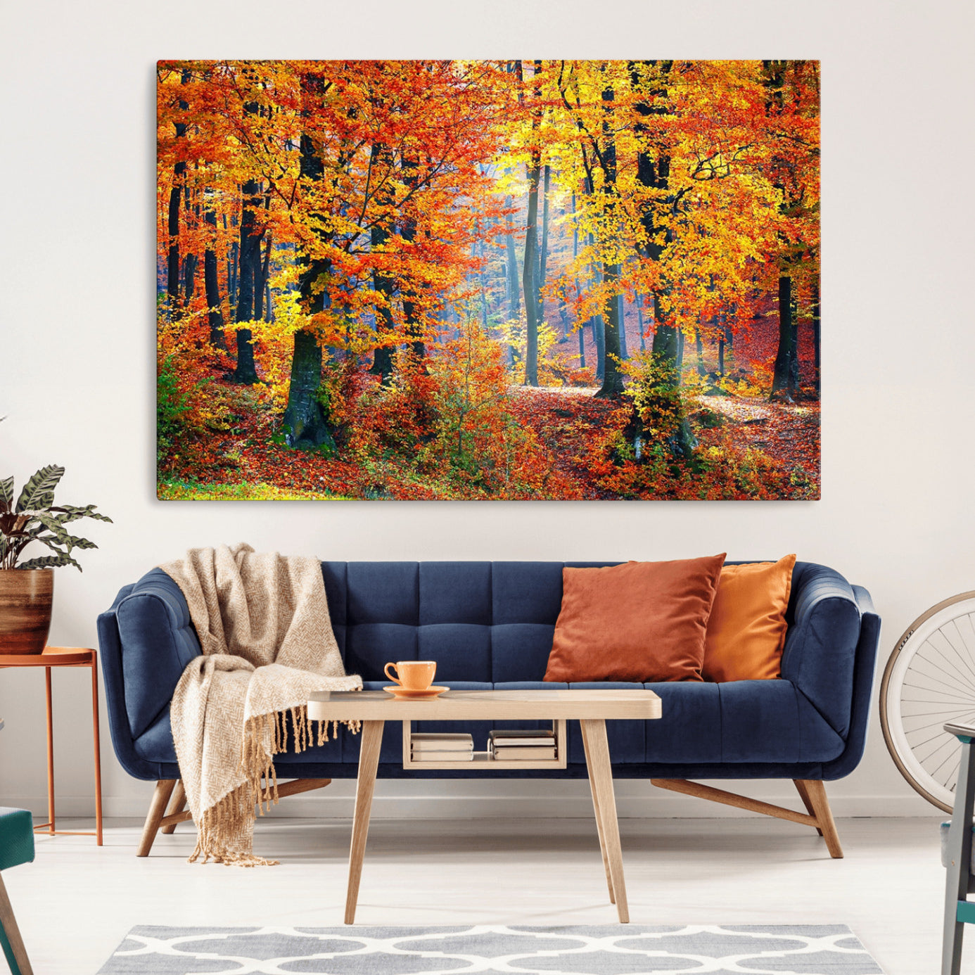 91746-MGV-CV-36X24-Autumn Red Forest Triptych Canvas Wall Art Print, Forest Wall Decor, Fall Landscape Art | Season