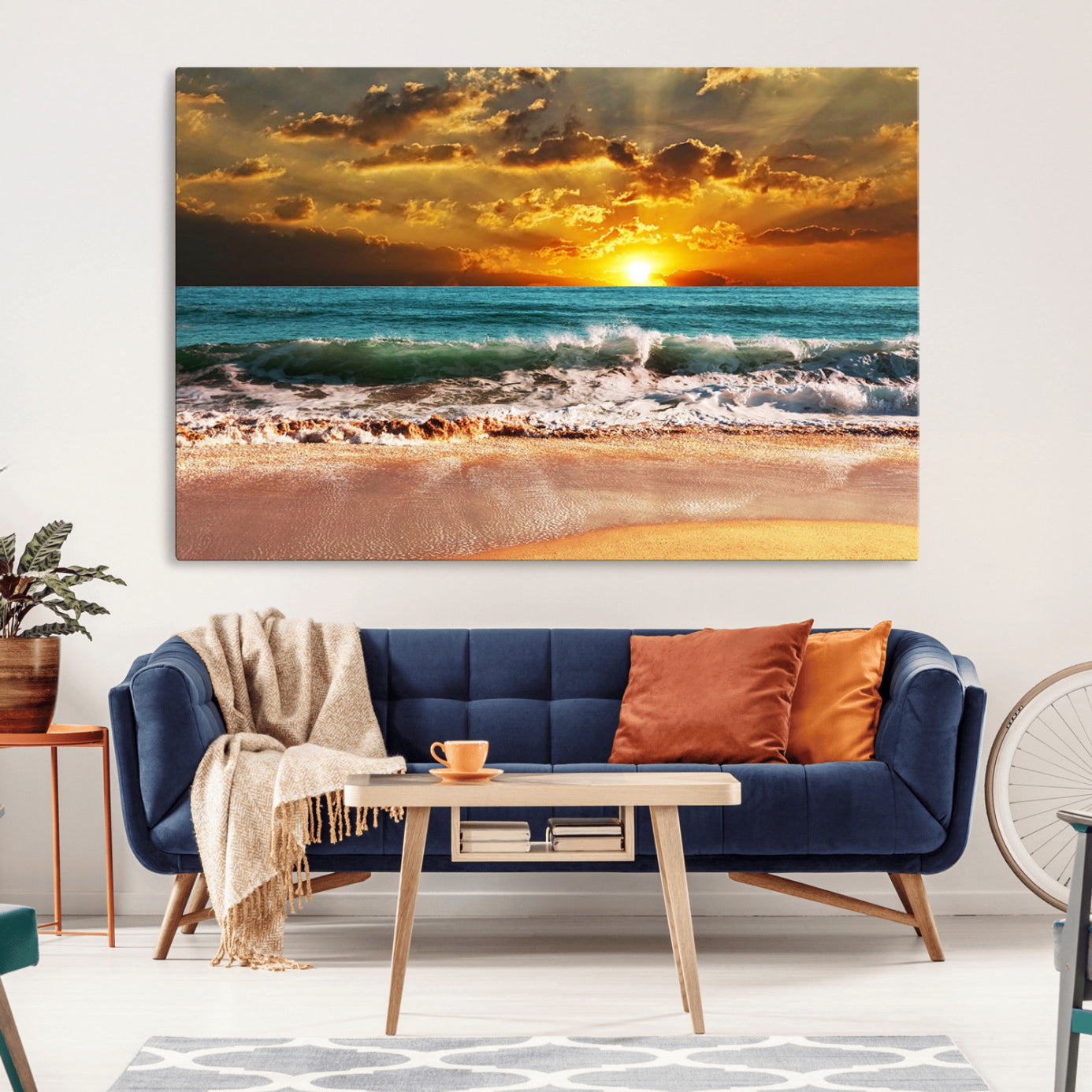-Golden Sunset Beach Canvas Wall Art – Triptych Seascape Print – Framed and Ready to Hang for Living