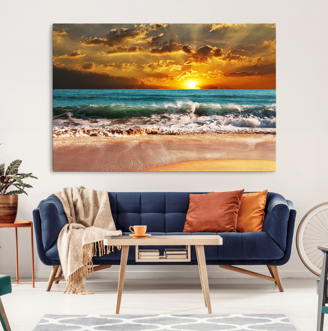 16495-MGV-CV-36X24-Golden Sunset Beach Canvas Wall Art – Triptych Seascape Print – Framed and Ready to Hang for Living