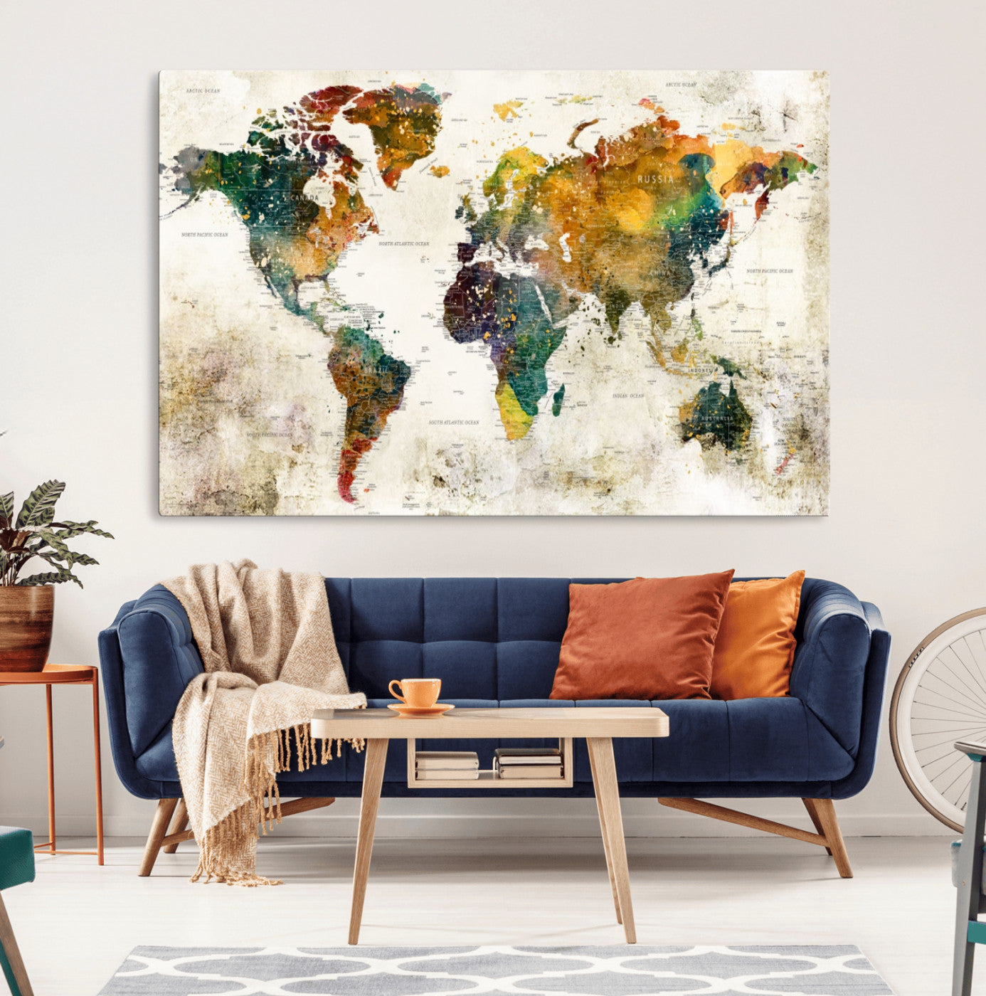 39605-MGV-CV-36X24-Vintage Watercolor World Map Canvas Wall Art – Framed Push Pin Travel Map for Home and Office Decor, Rustic Artistic World Map Artwork