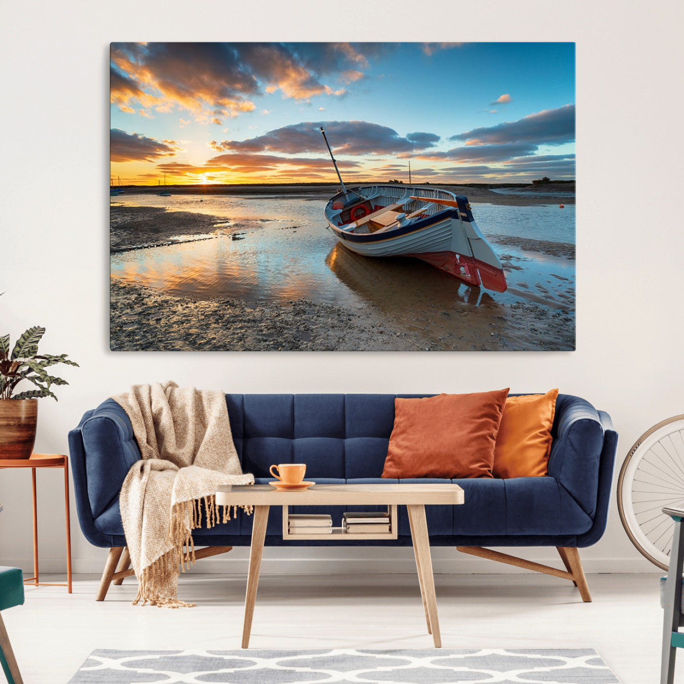 -Small Boat At The Beach Sunset Wall Art, Boat Sunset Wall Art Canvas Print