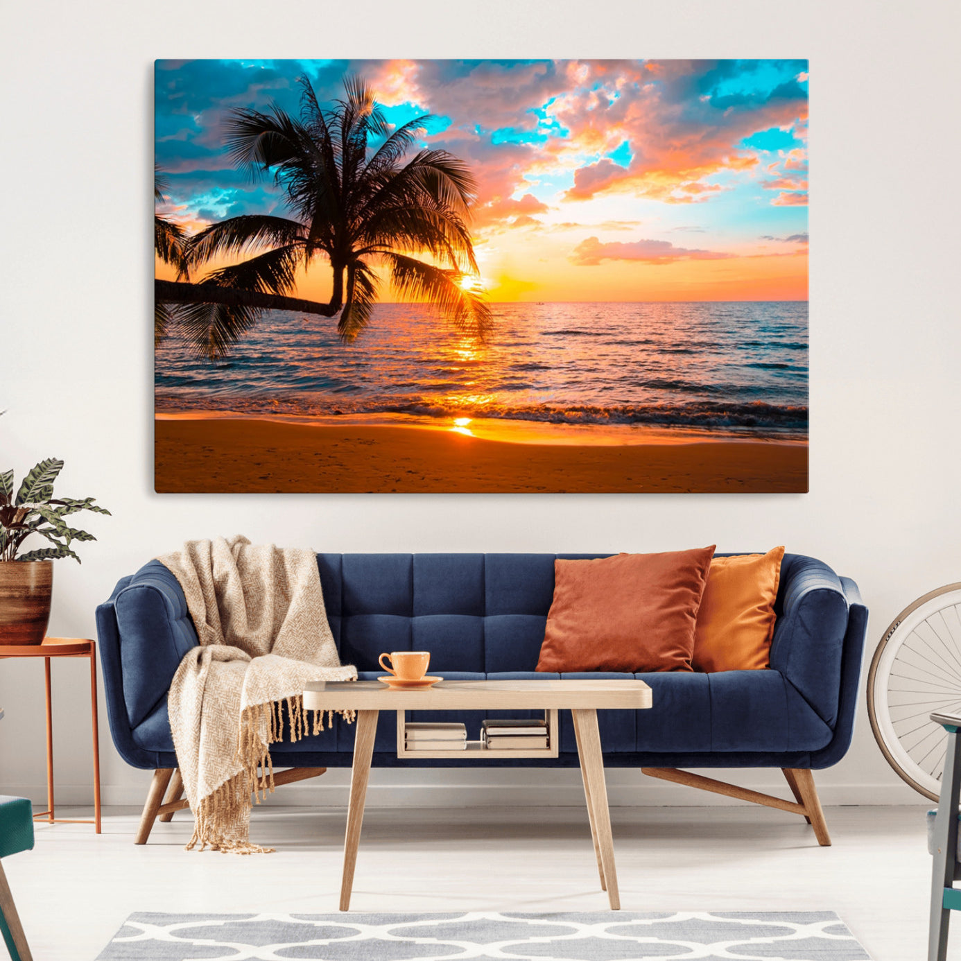 34674-MGV-CV-36X24-Palm Tree Sunset On The Beach Wall Art Canvas, Framed Palm Tree Sunset Canvas Print