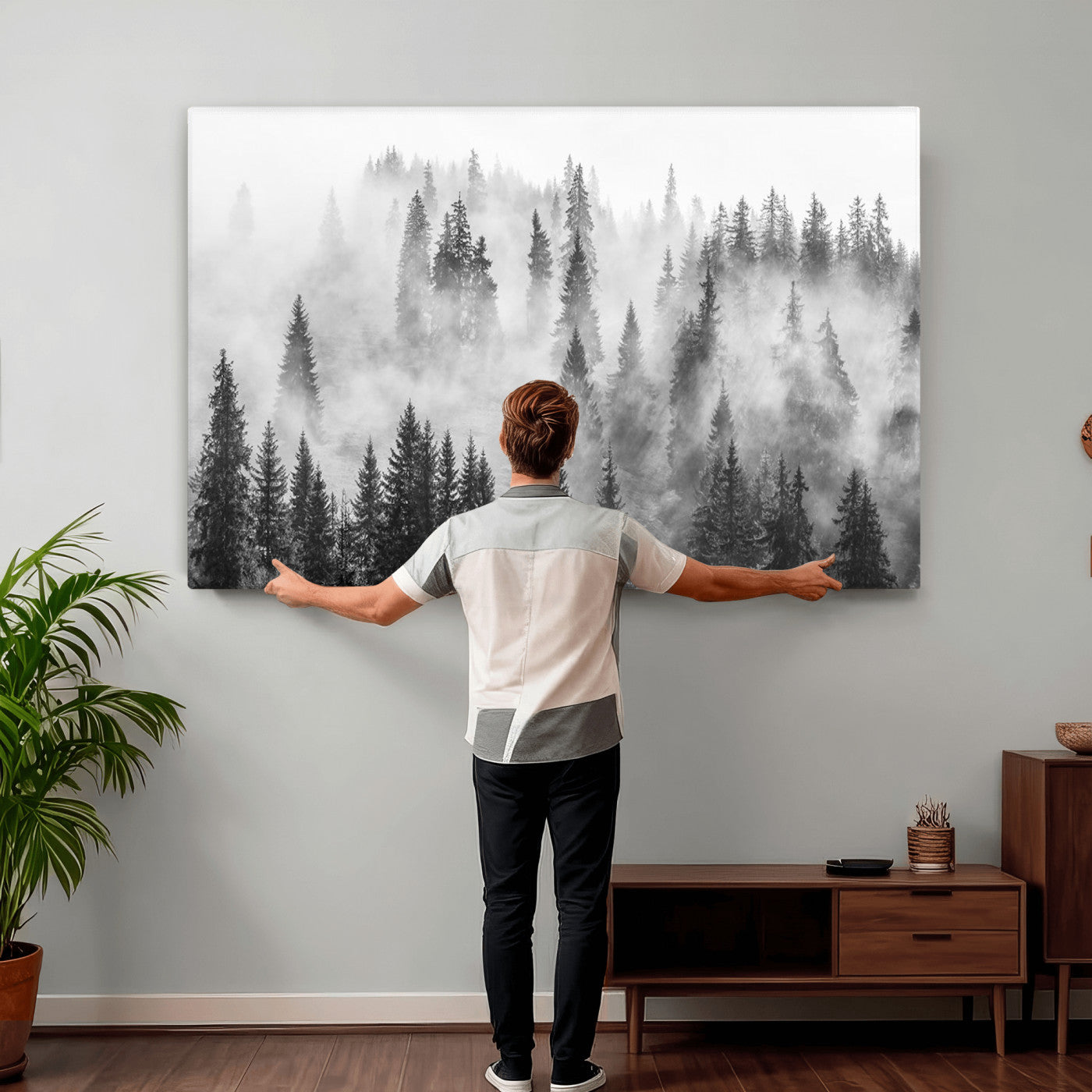 10422-MGV-CV-36X24 - Forest Wall Art Print | Foggy Pine Forest Canvas Wall Art - Black and White Nature Decor for Living