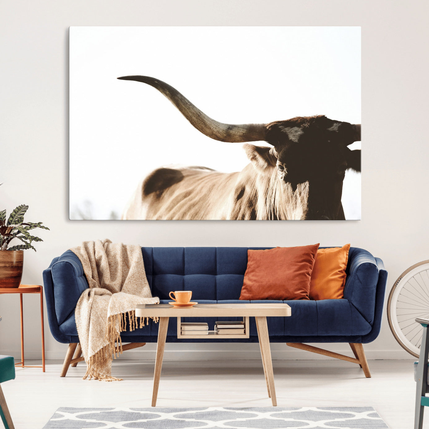 -Texas Longhorn Wall Art Canvas Print | 3-Panel Large Longhorn Canvas Print for Living Room, Framed
