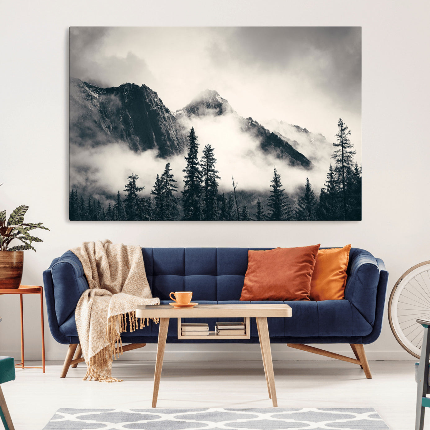 59517-MGV-CV-36X24-Forest Mountain Print - Black and White Canvas Wall Art with Misty Forest Design for Elegant and