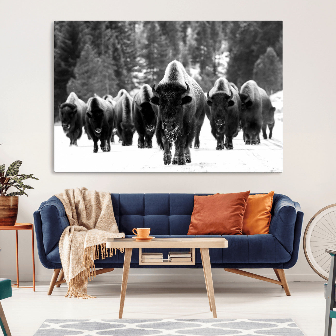 62434-MGV-CV-36X24-Bison Herd in Snow Wall Art Canvas Print | Rustic Western Bison Wall Art for Decor for Living Room,
