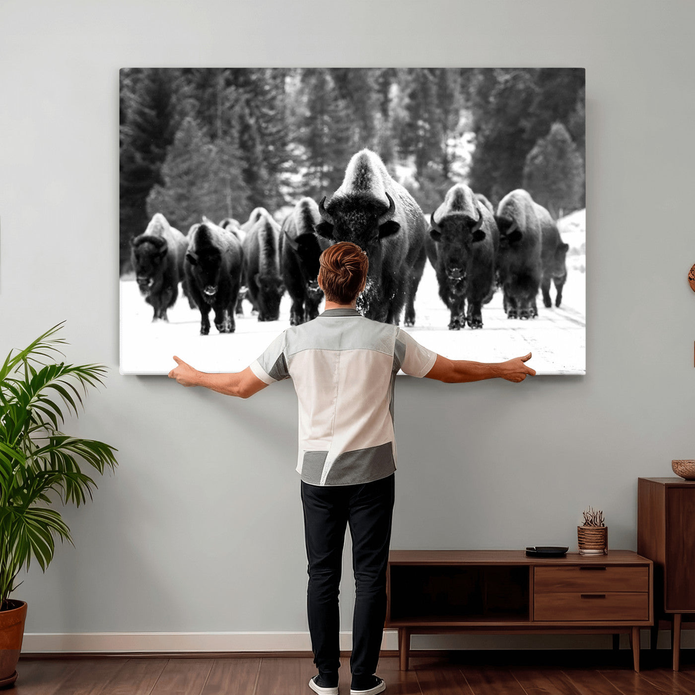 62434-MGV-CV-36X24 - Bison Herd in Snow Wall Art Canvas Print | Rustic Western Bison Wall Art for Decor for Living Room,