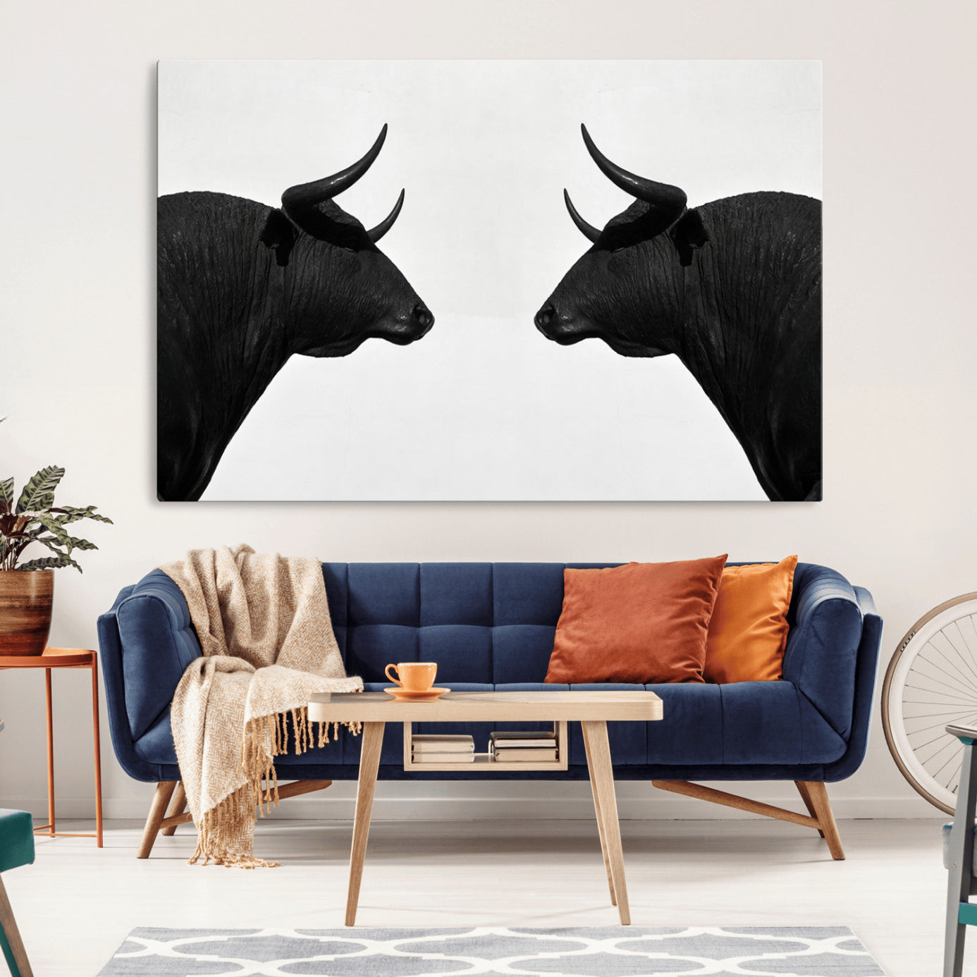 -Spanish Bull Art - Framed Black and White Bull Canvas Print for Modern Rustic Home or Office Decor