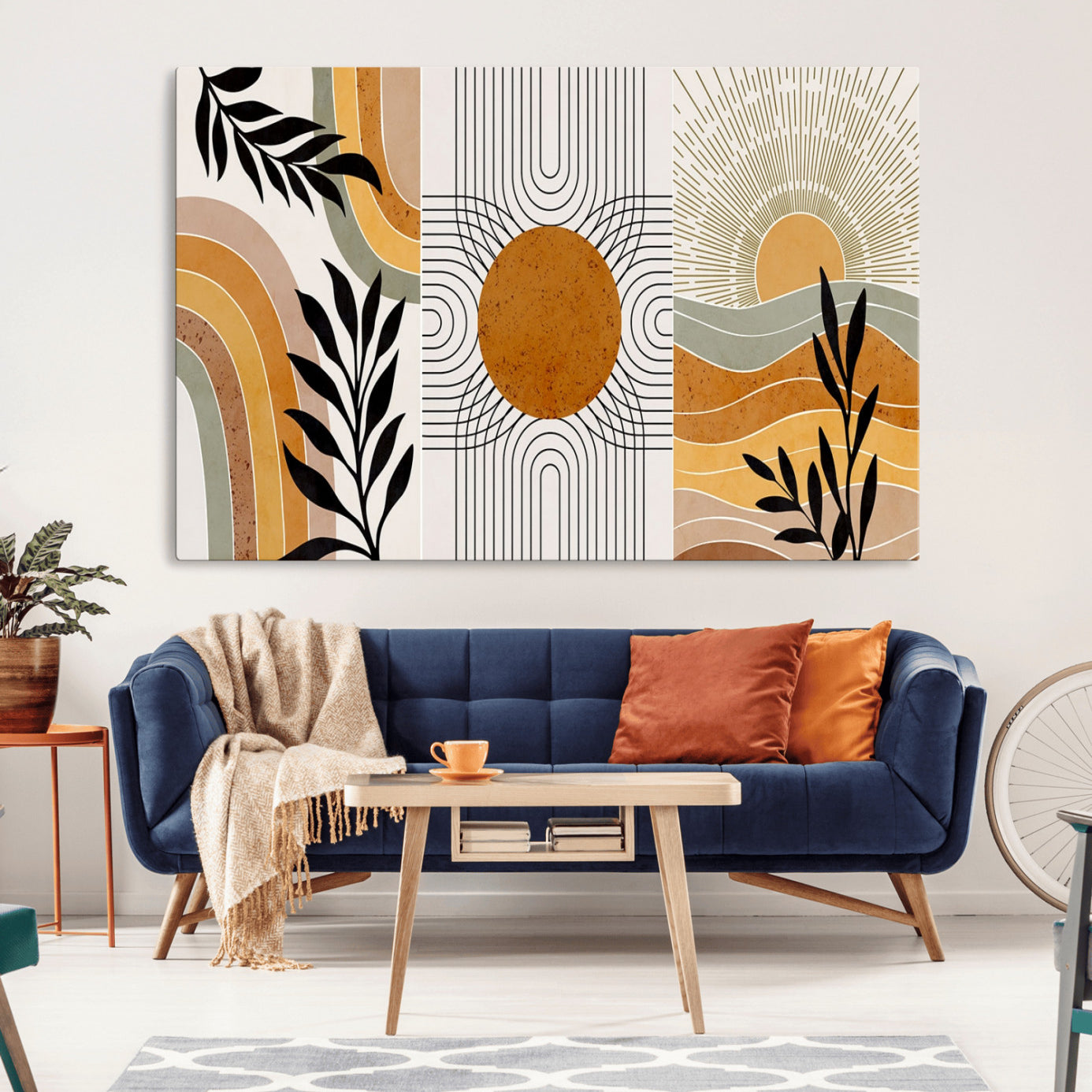 -Modern Boho Sun and Leaf Abstract Art – 3-Panel Giclée Canvas for Mid-Century Modern or Bohemian