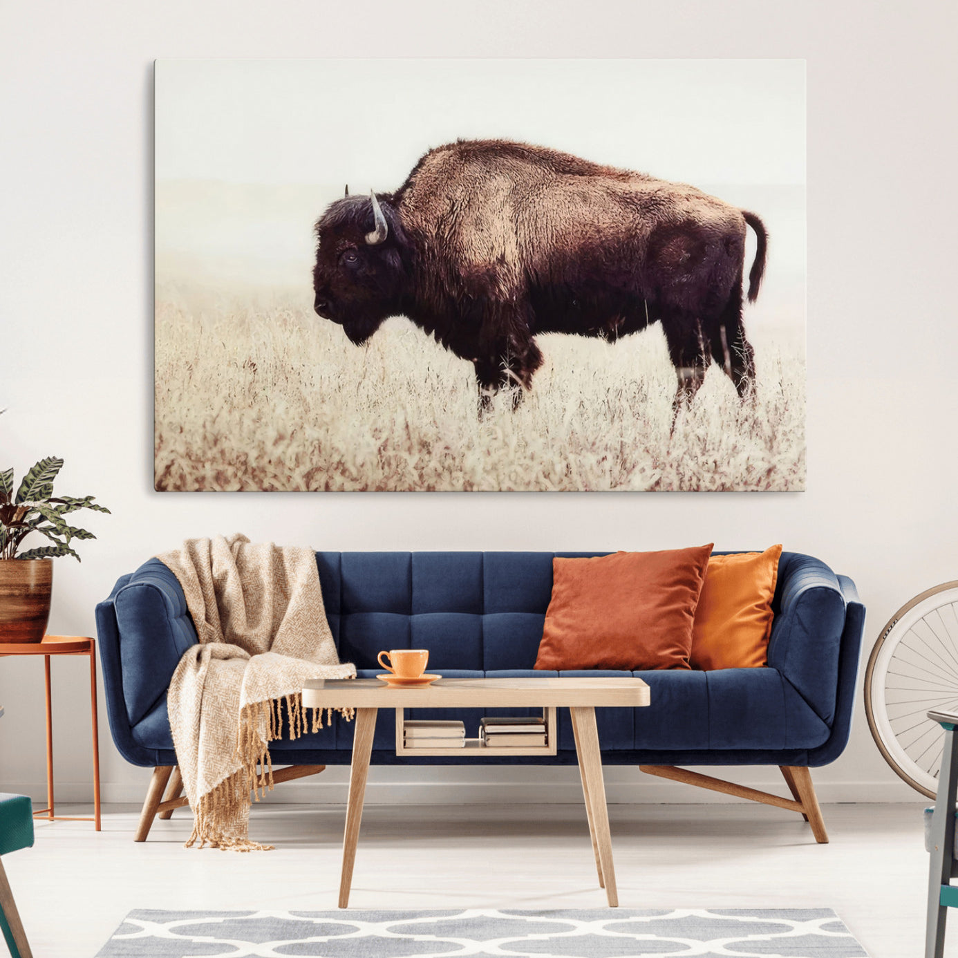 -Bison in Field Wall Art Canvas Print For Farmhouse Barn Decor