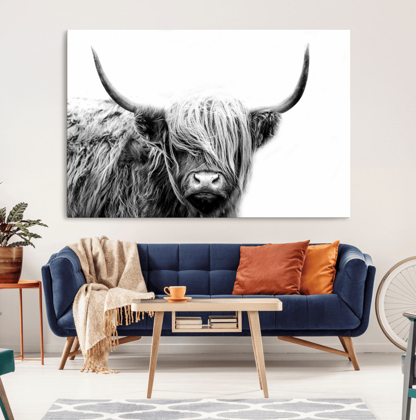 51957-MGV-CV-36X24-Black White Scottish Highland Cow Cattle Art Print Farmhouse Wall Art Canvas Print