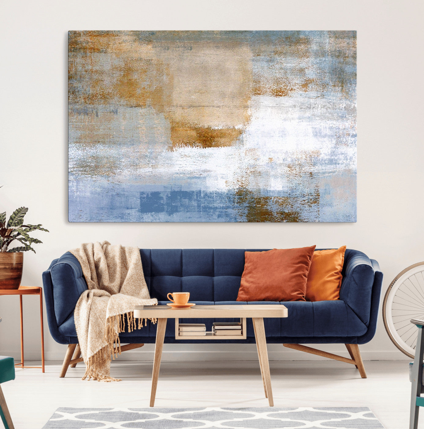 72354-MGV-CV-36X24-Blue Multi Panel Abstract Wall Art Canvas, Abstract Blue and Gold Canvas Print