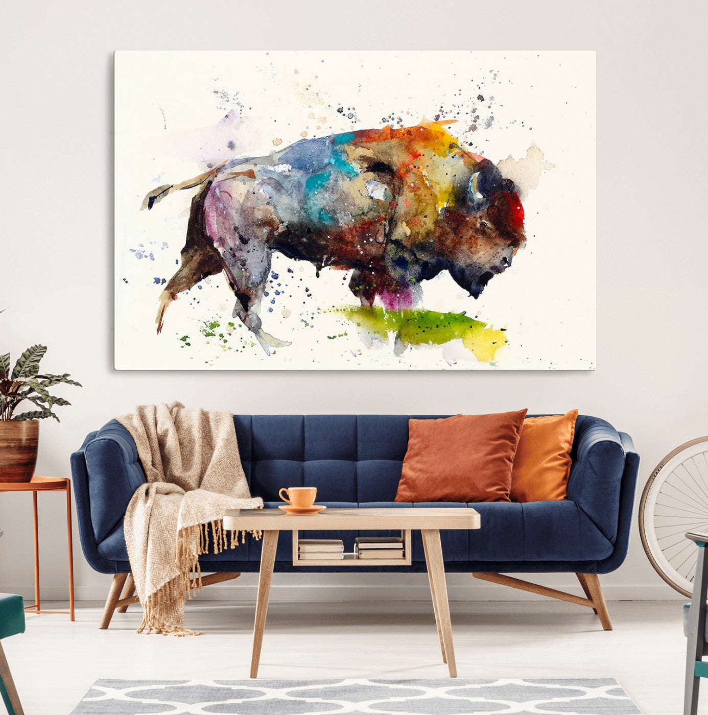 -Abstract Buffalo Wall Art, Western Watercolor Bison Canvas Print, Rustic Buffalo Art for Cowboy and