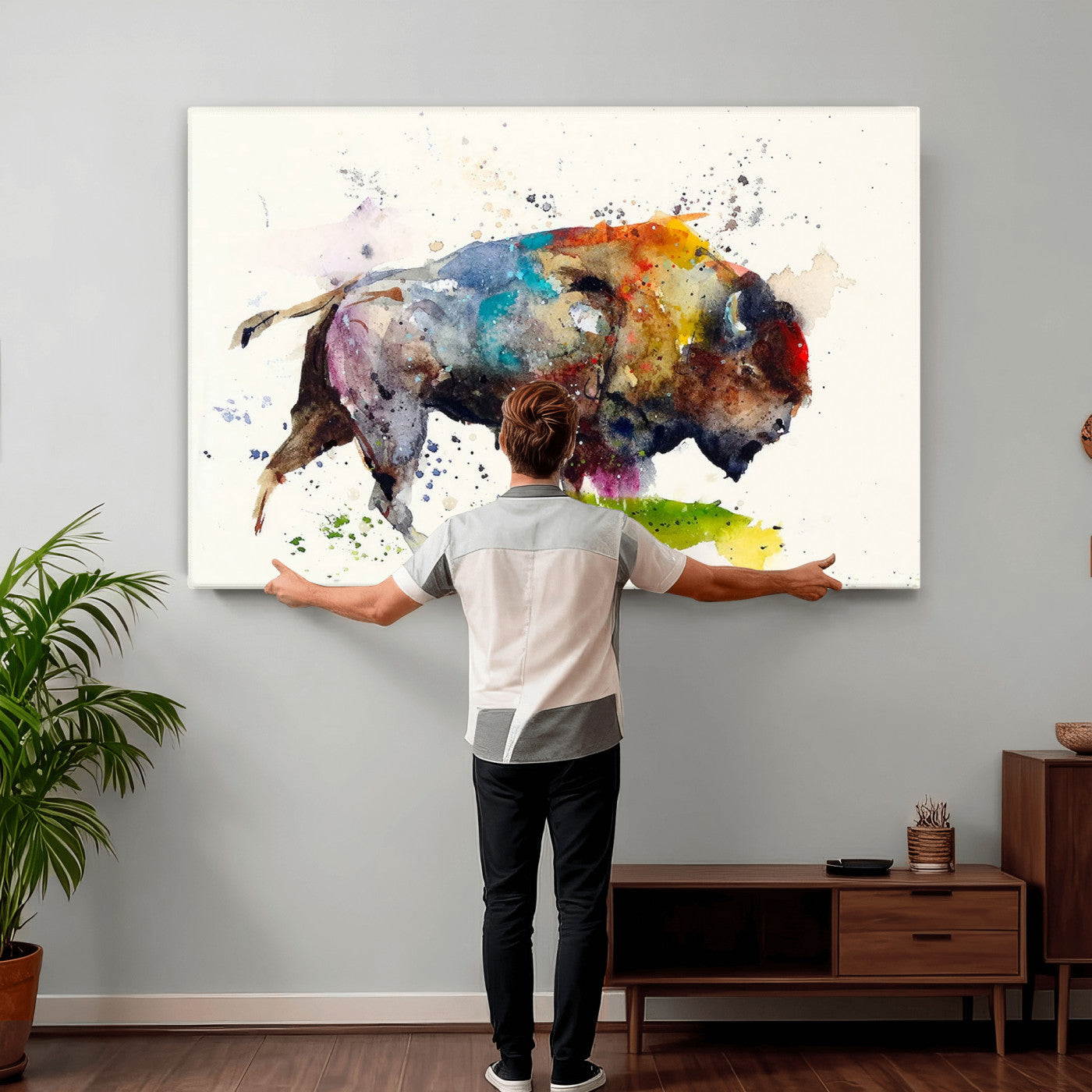 44504-MGV-CV-36X24 - Abstract Buffalo Wall Art, Western Watercolor Bison Canvas Print, Rustic Buffalo Art for Cowboy and
