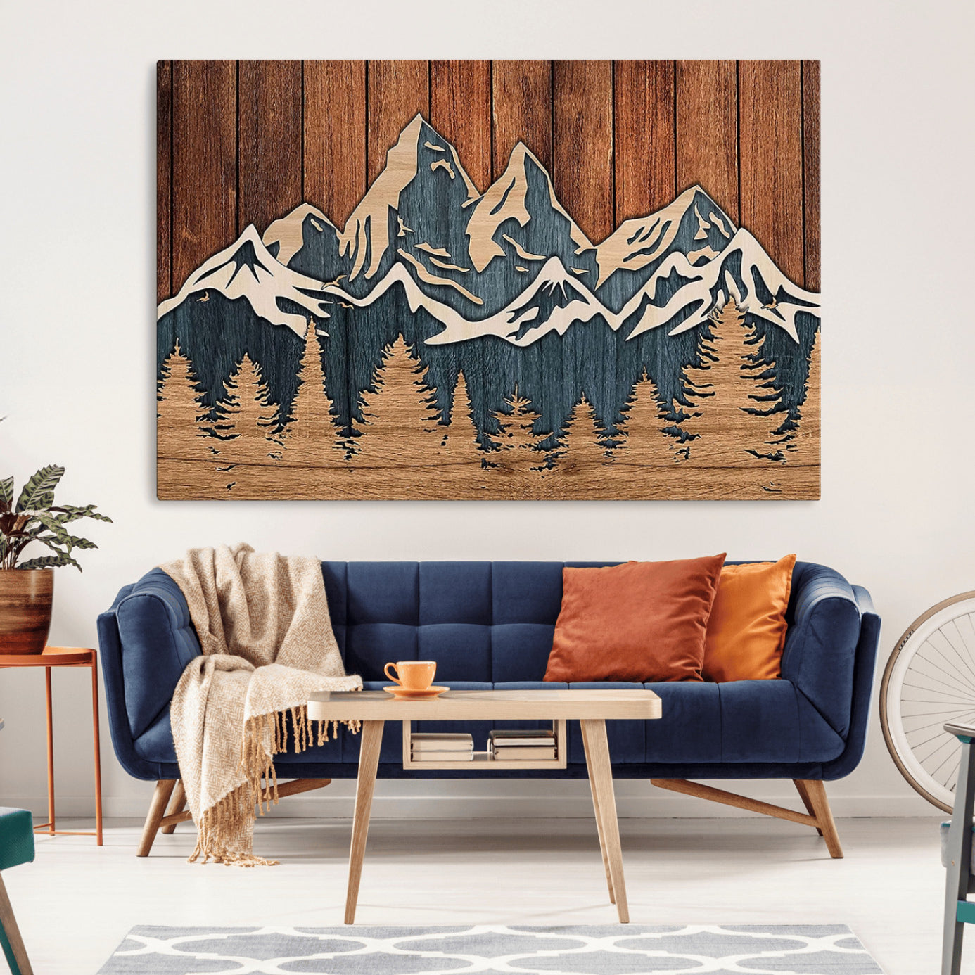 41330-MGV-CV-36X24-Rustic Wood Style Mountain Wall Art, Nature Forest Canvas Print, Wooden Textured Mountain Artwork,