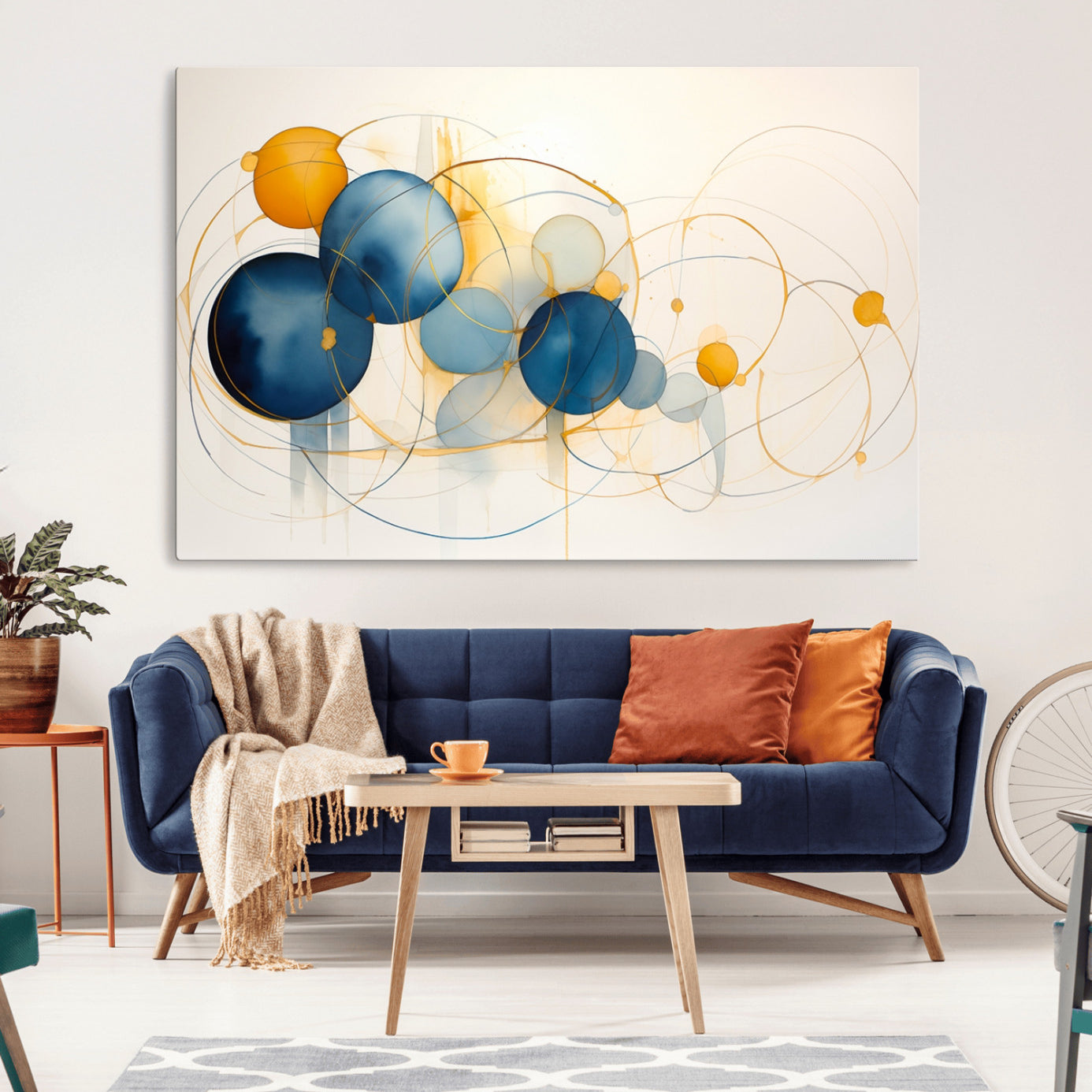 36188-MGV-CV-36X24-Geometric Blue Orange Abstract Wall Art Canvas, Geometric Blue Orange Canvas Print