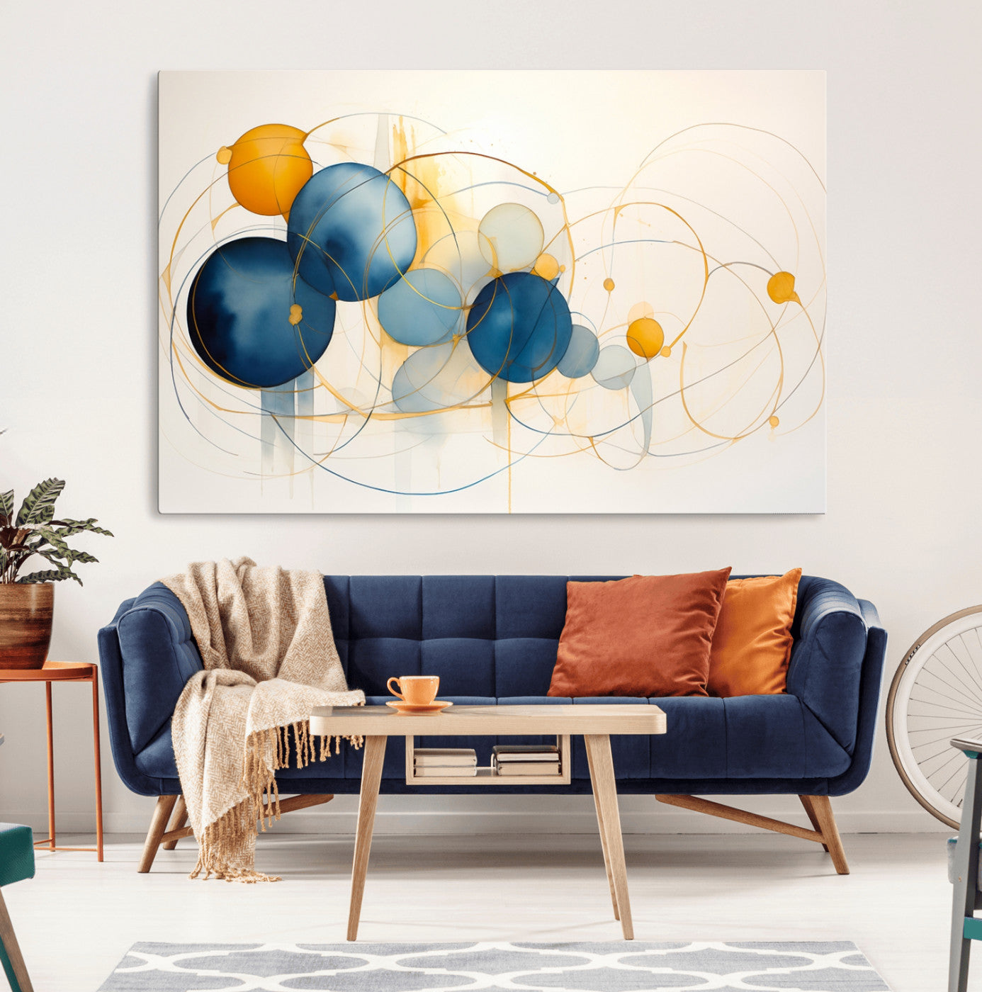 36188-MGV-CV-36X24-Geometric Blue Orange Abstract Wall Art Canvas, Geometric Blue Orange Canvas Print