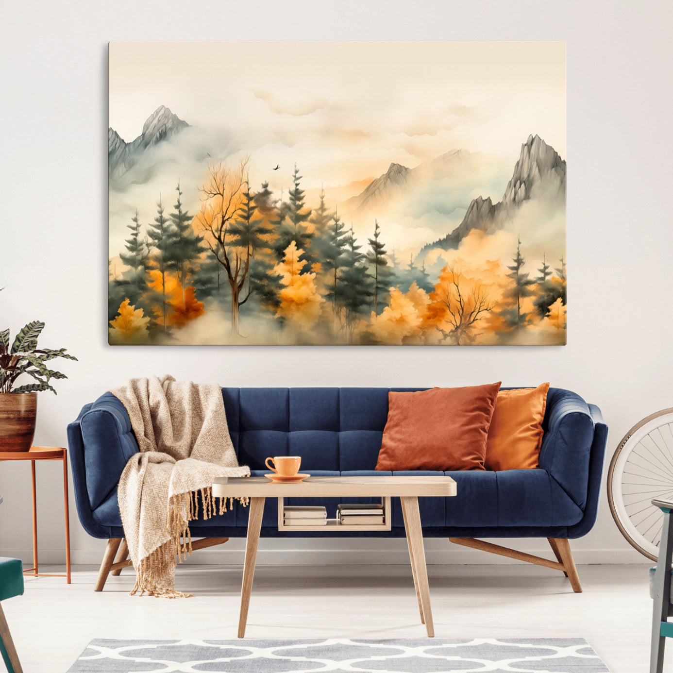 79192-MGV-CV-36X24-Abstract Watercolor Mountains and Trees Autumn Art, Watercolor Mountains and Trees Canvas Print