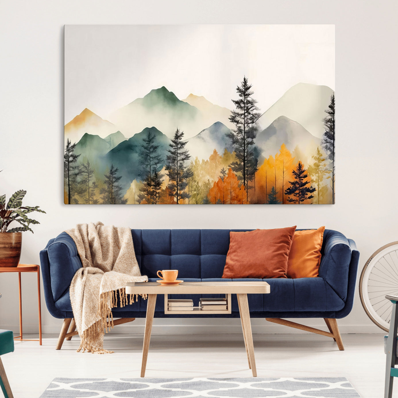 25689-MGV-CV-36X24-Abstract Watercolor Mountains and Trees Autumn Wall Art, Mountains and Trees Autumn Wall Art Canvas