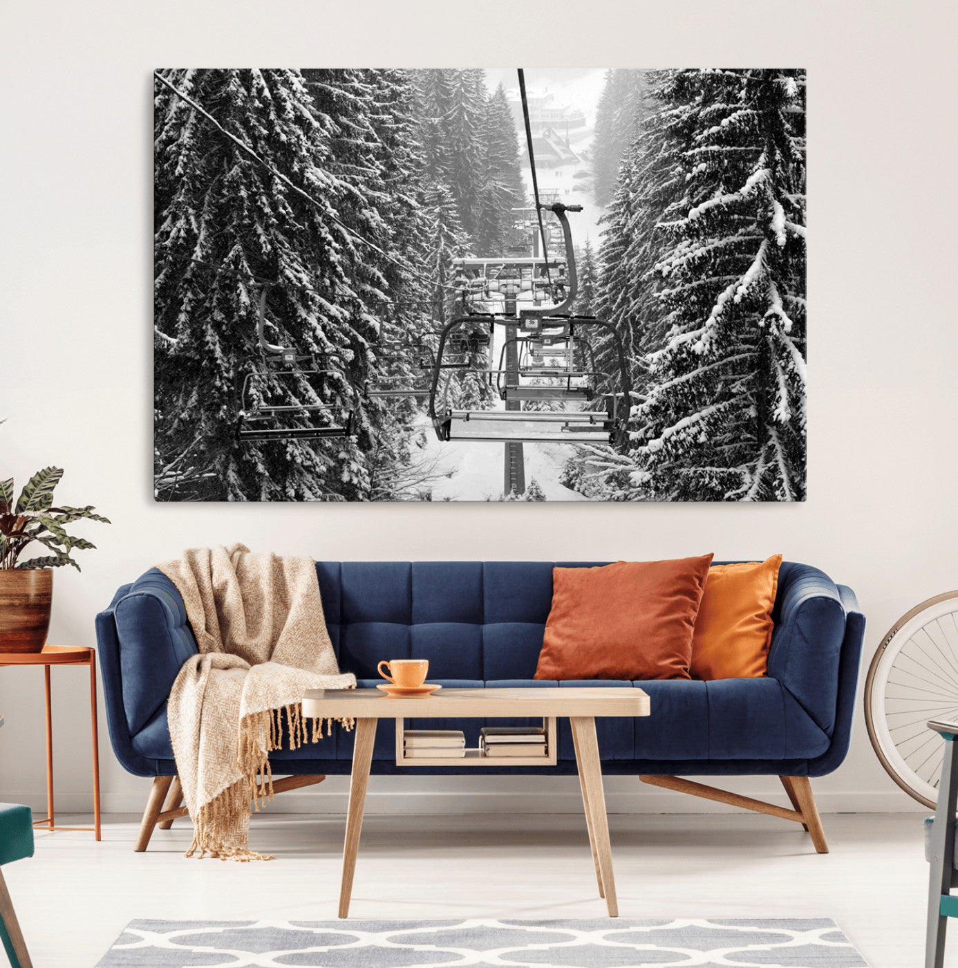 19240-MGV-CV-36X24-Winter Ski Lift Black and White Canvas Wall Art – Alpine Escape in Minimalist Style – Winter Ski