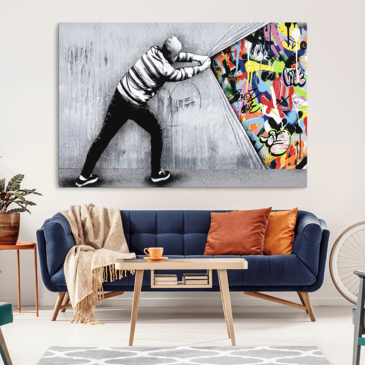 -Banksy Art Behind the Curtain Street Wall Art Canvas Print | 3-Panel Urban Graffiti-Inspired Wall