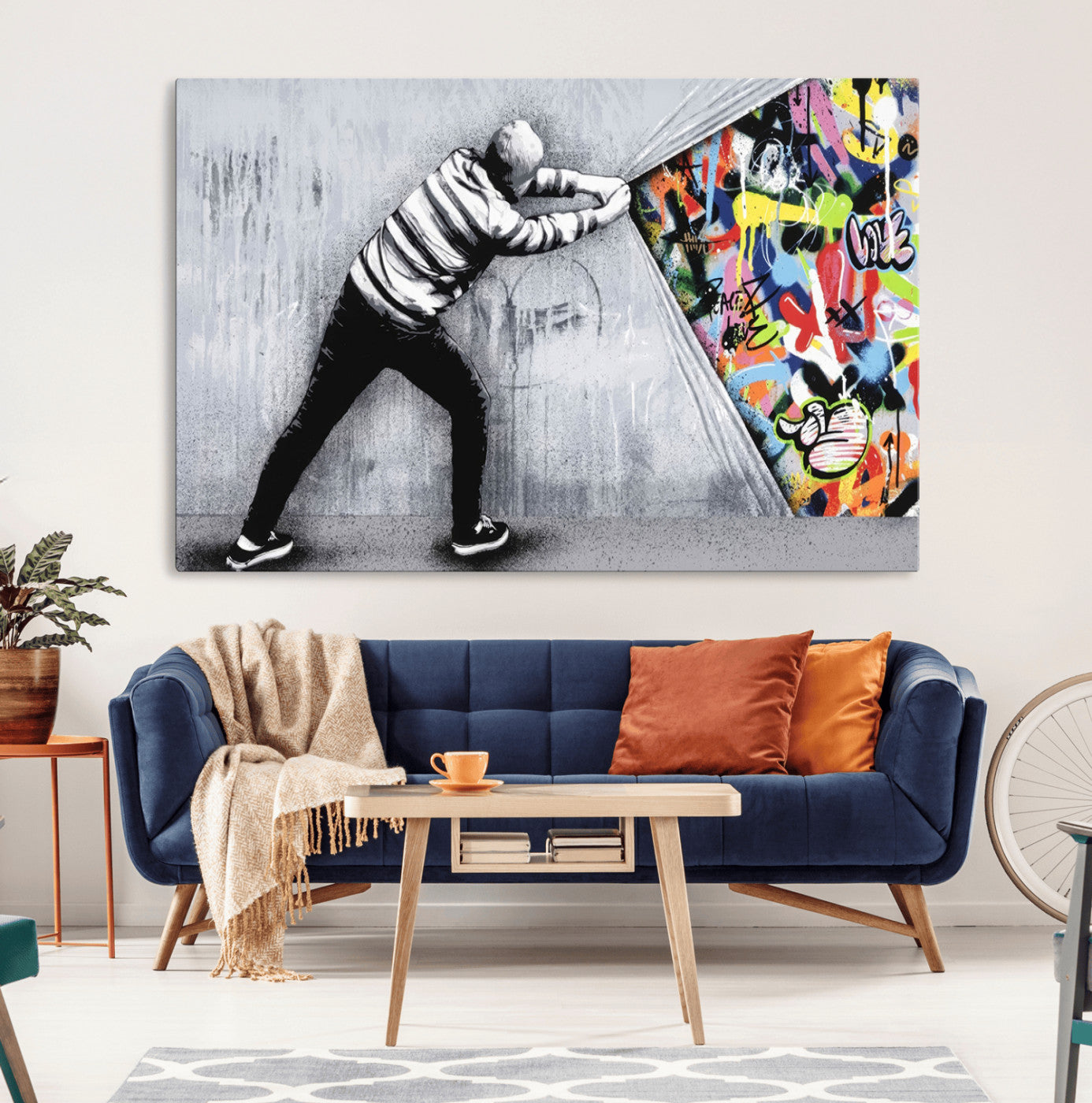 52252-MGV-CV-36X24-Banksy Art Behind the Curtain Street Wall Art Canvas Print | 3-Panel Urban Graffiti-Inspired Wall