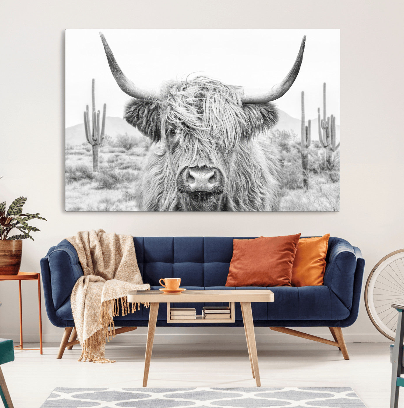 -Rustic Charm | Cow Longhorn Black White Bighorn Wall Art Canvas Print | Farmhouse Wall Art