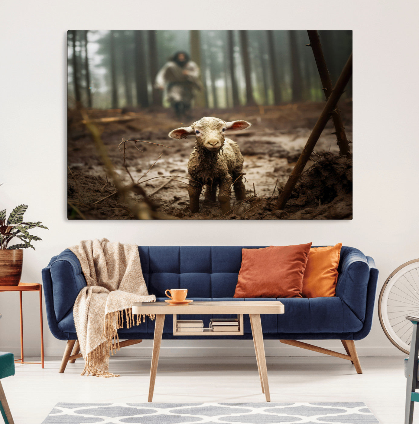 49996-MGV-CV-36X24-Jesus Lost Lamb Canvas Wall Art – Heartwarming Woodland Scene – Ready to Hang - Christian Religion