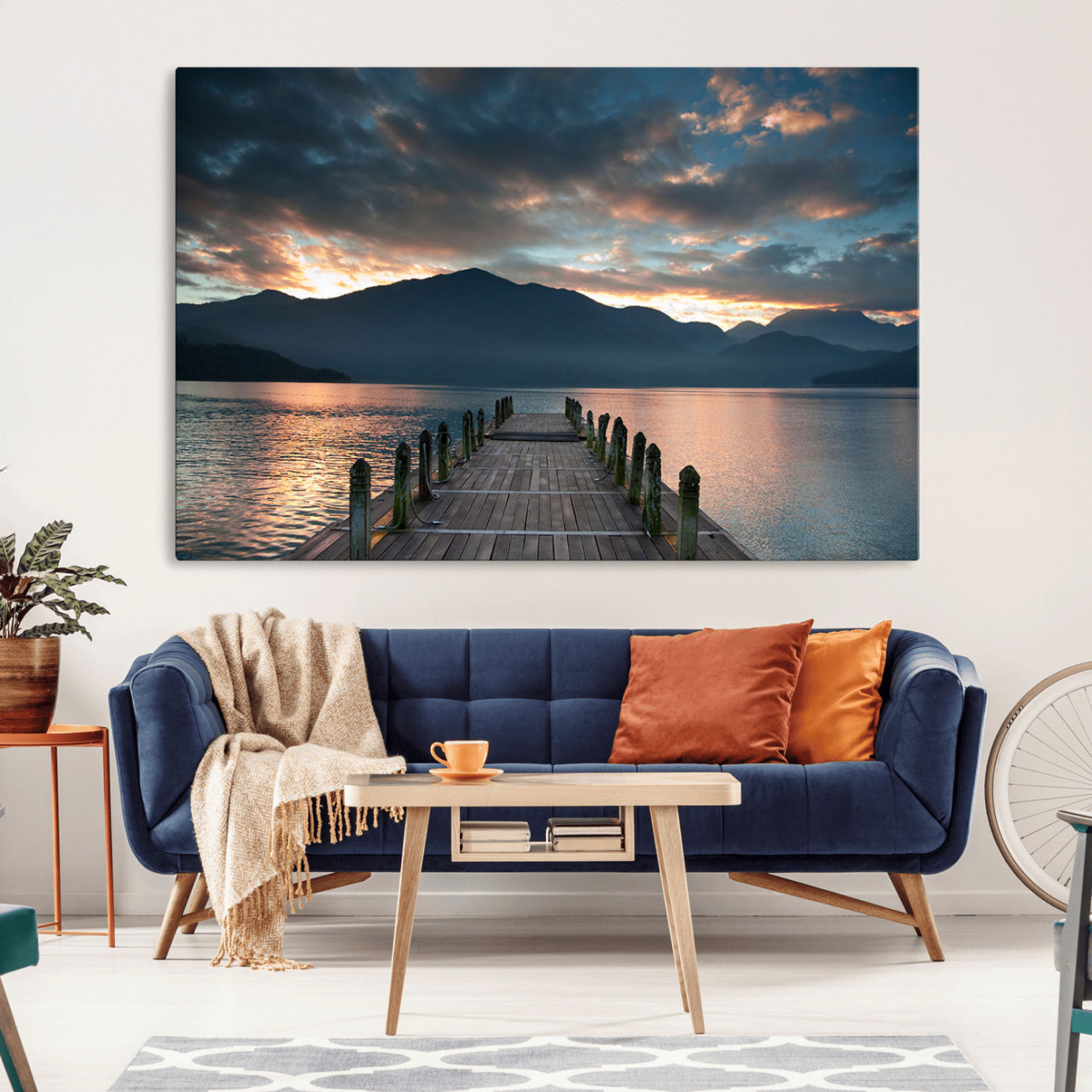 -Mountain Lake Wood Pier Canvas Wall Art Nature Lake Print