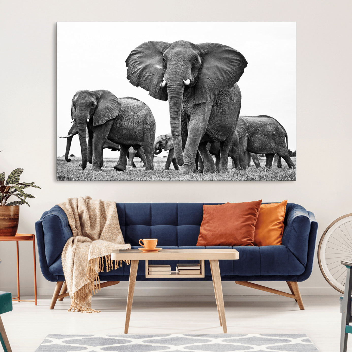 -Black White Elephant Family Wall Art Canvas Print