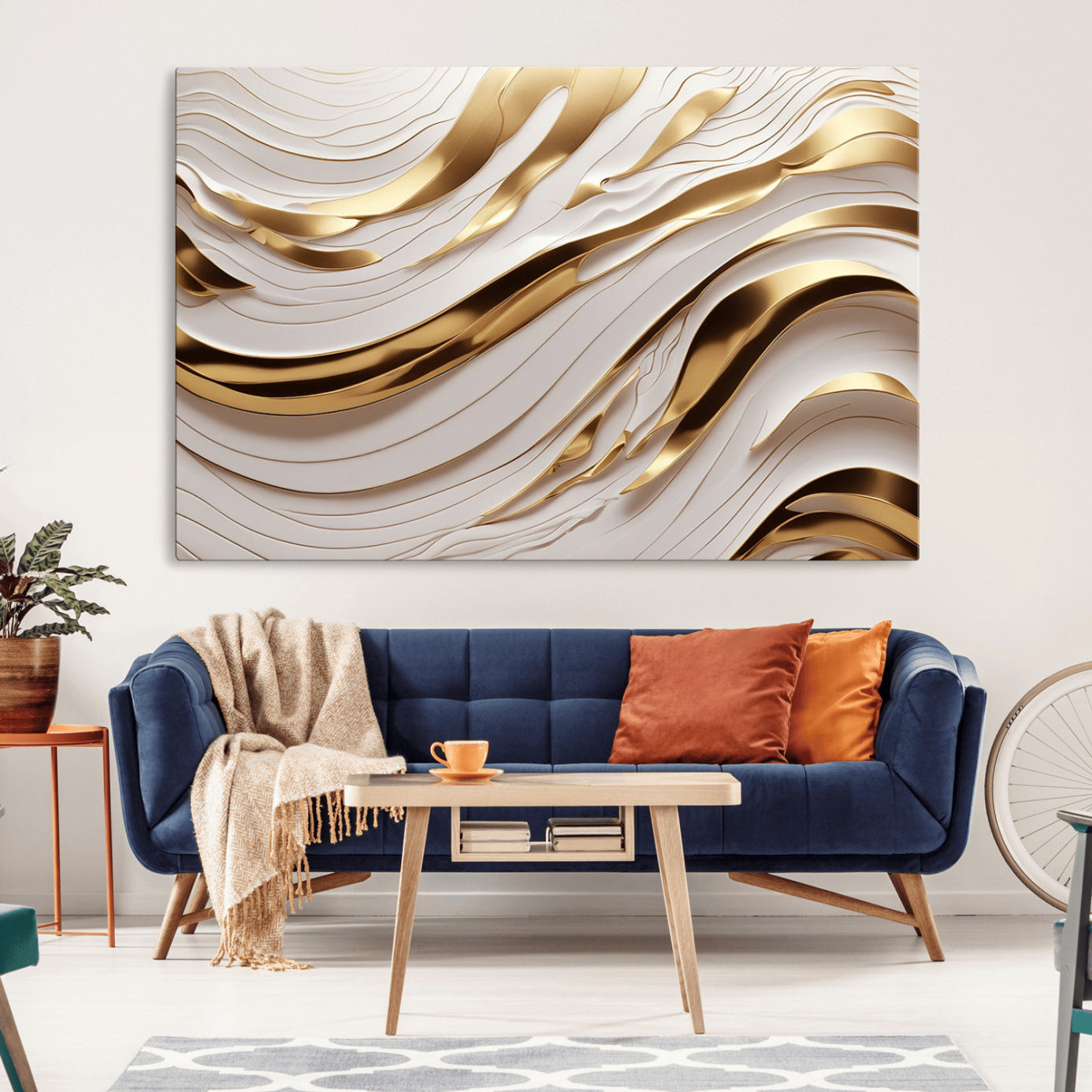 81197-MGV-CV-36X24-Gold and White Abstract Wave Canvas – Elegant Flowing Design with Luxurious Golden Accents –