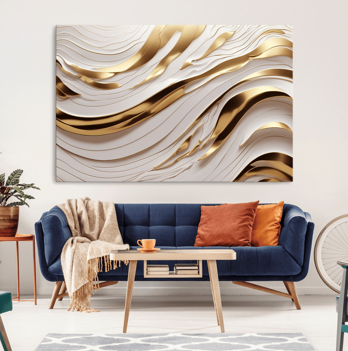 81197-MGV-CV-36X24-Gold and White Abstract Wave Canvas – Elegant Flowing Design with Luxurious Golden Accents –