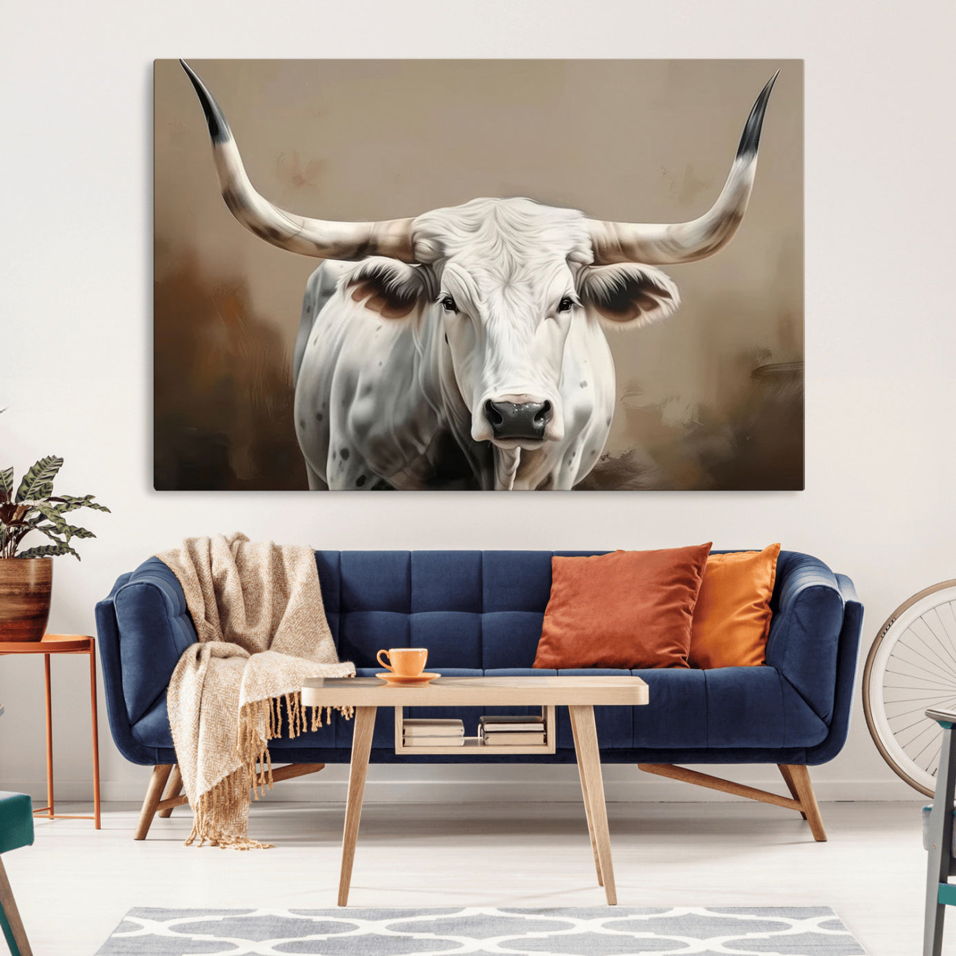-White Longhorn Bull Wall Art Canvas Print – Framed and Ready to Hang – Perfect for Farmhouse and